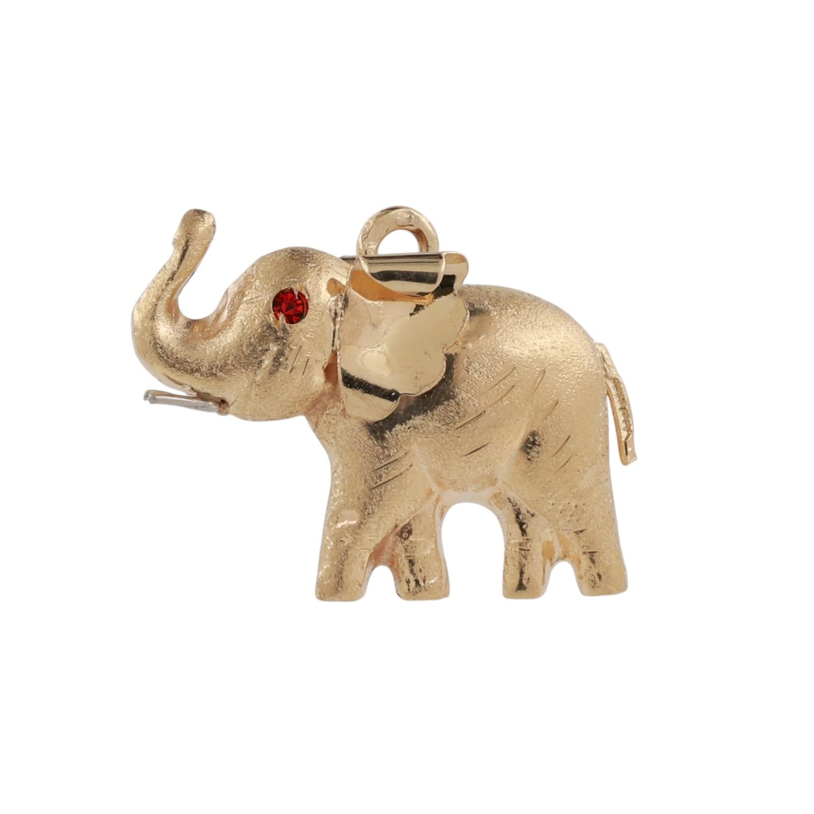 18K Yellow Gold 3D Elephant Pendant Trunk Up Lucky Charm Garnet Eyes