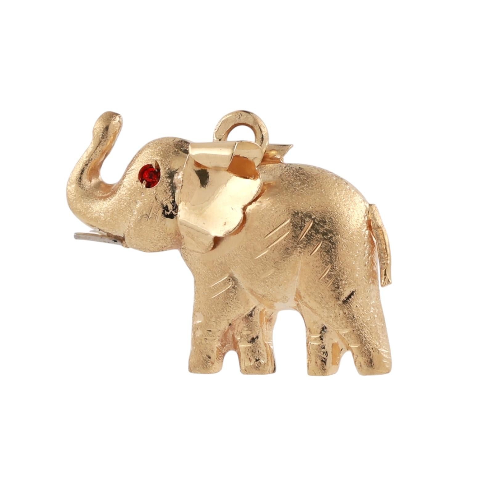 18K Yellow Gold 3D Elephant Pendant Trunk Up Lucky Charm Garnet Eyes