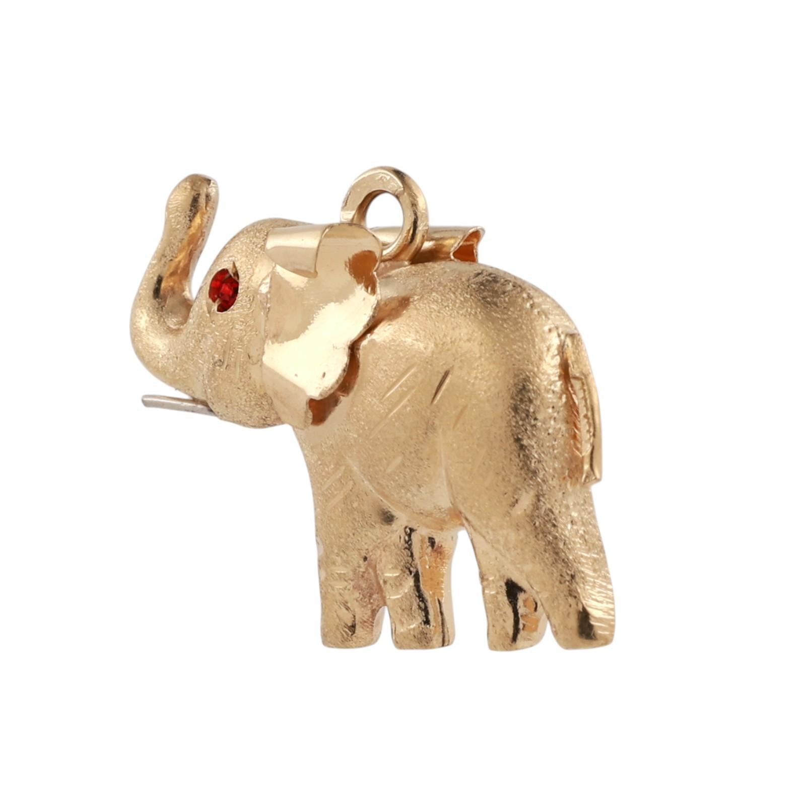 18K Yellow Gold 3D Elephant Pendant Trunk Up Lucky Charm Garnet Eyes
