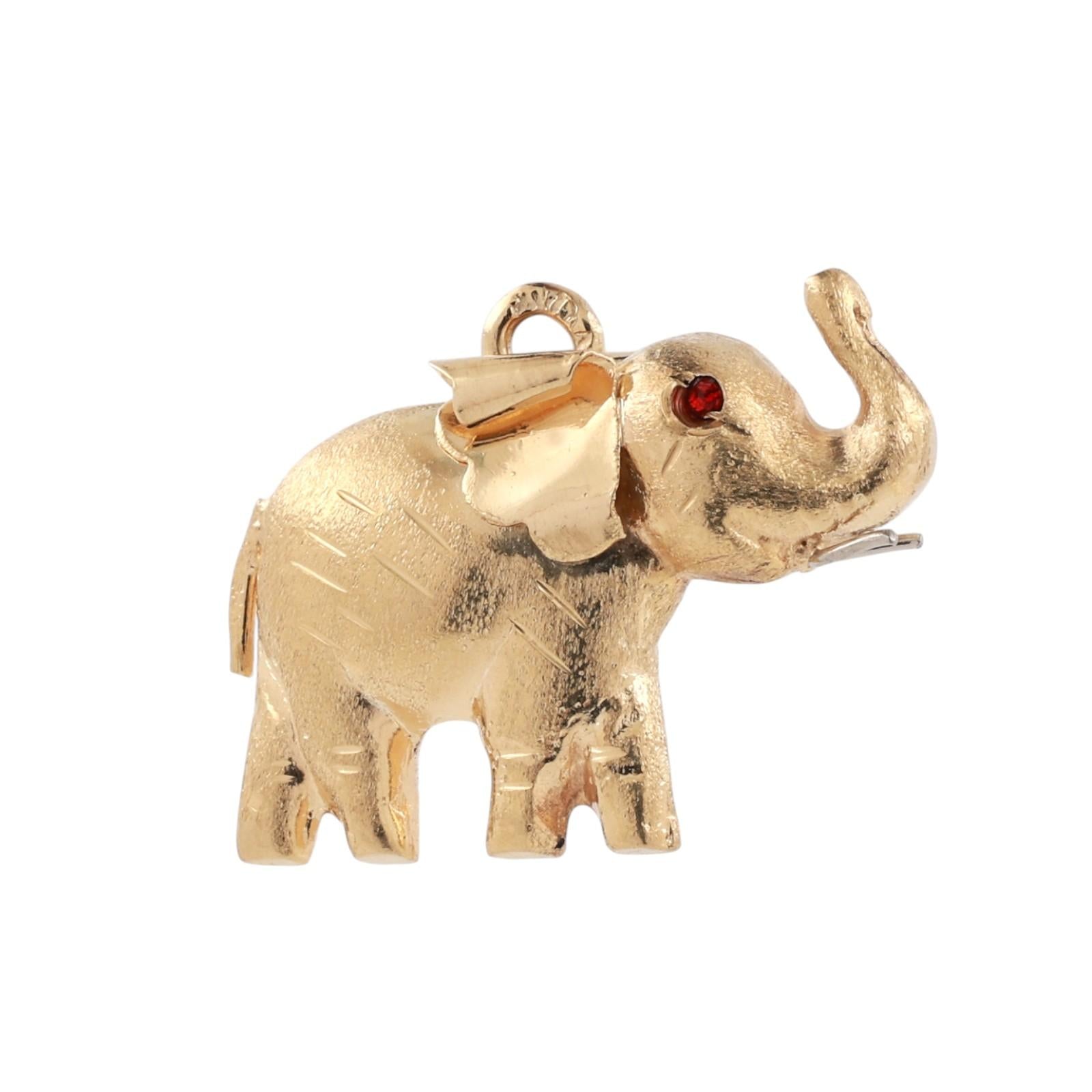 18K Yellow Gold 3D Elephant Pendant Trunk Up Lucky Charm Garnet Eyes