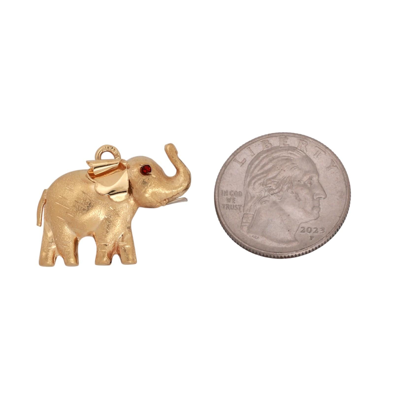18K Yellow Gold 3D Elephant Pendant Trunk Up Lucky Charm Garnet Eyes
