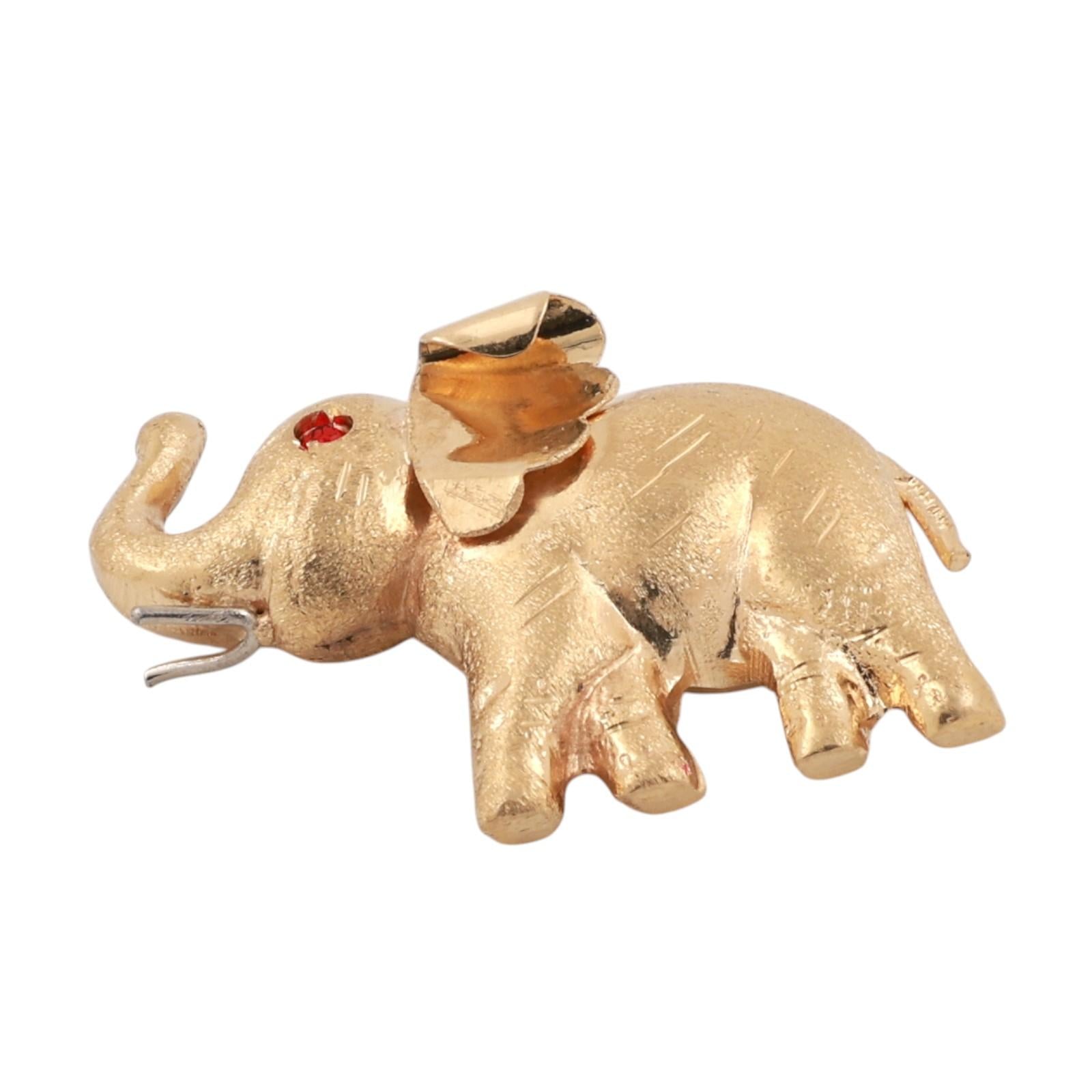 18K Yellow Gold 3D Elephant Pendant Trunk Up Lucky Charm Garnet Eyes