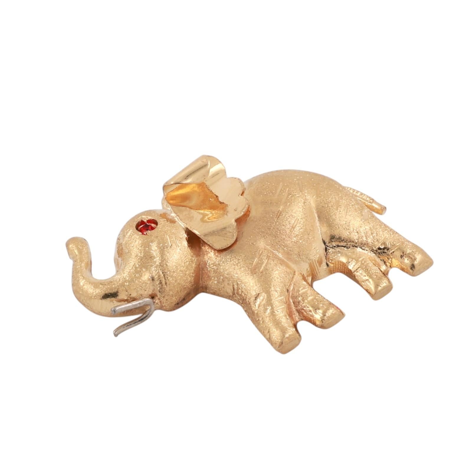 18K Yellow Gold 3D Elephant Pendant Trunk Up Lucky Charm Garnet Eyes