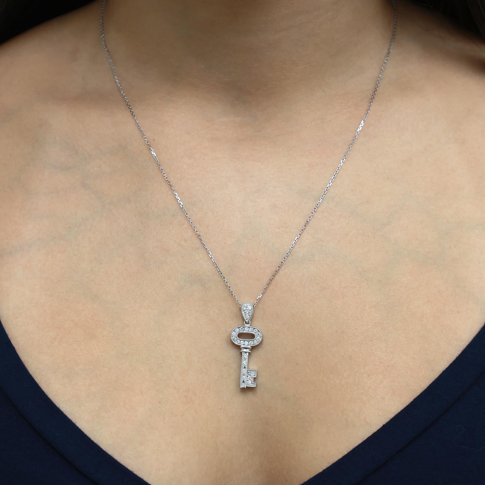 14K White Gold Diamond Key Pendant Necklace 0.52 CTW 20" Estate Vintage Charm