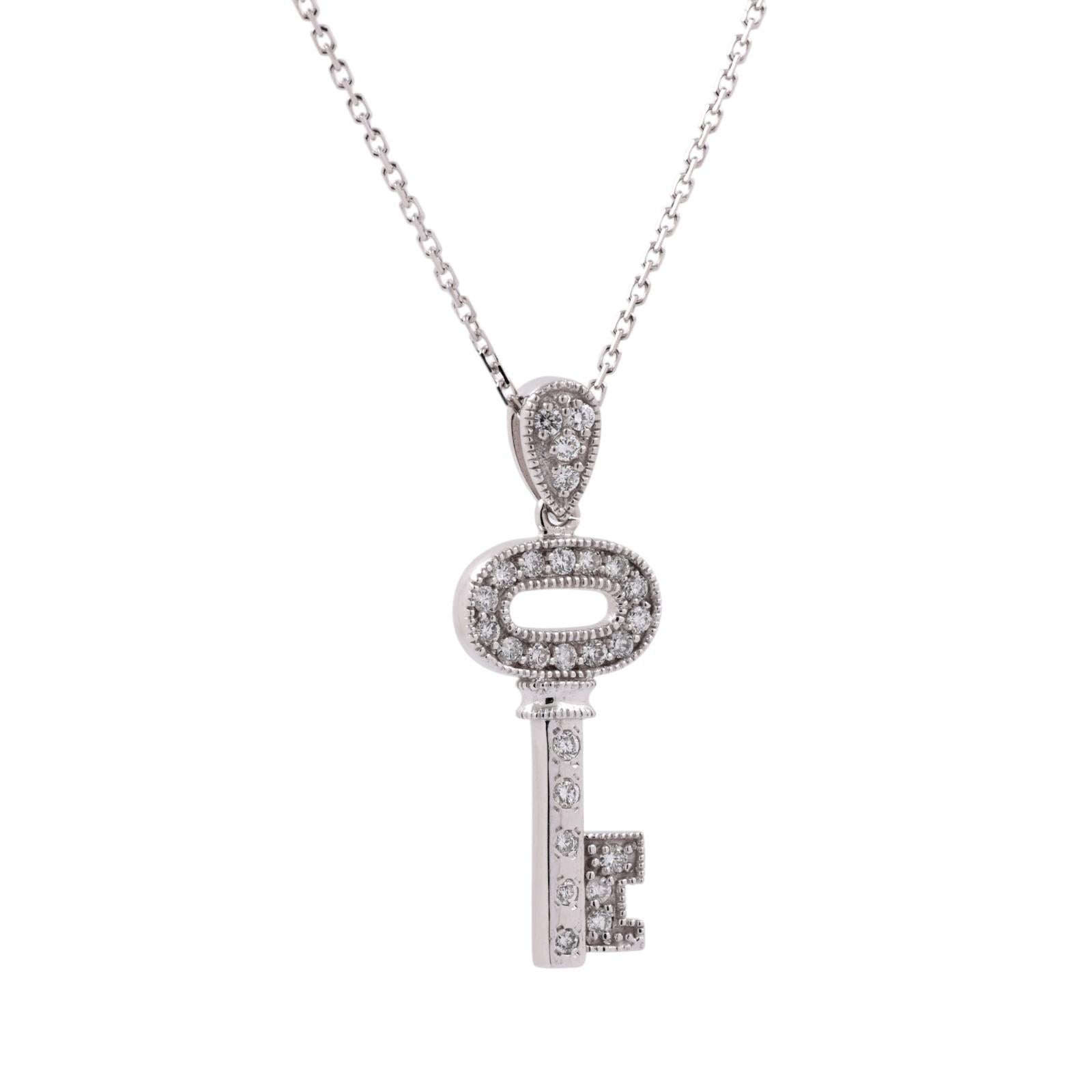14K White Gold Diamond Key Pendant Necklace 0.52 CTW 20" Estate Vintage Charm