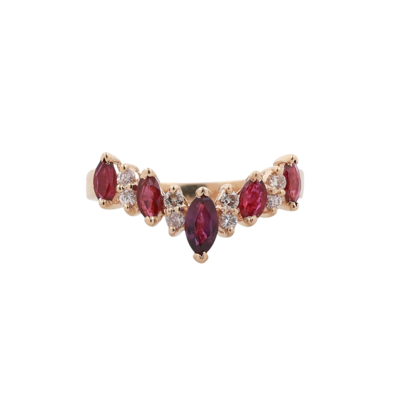 14K Gold Ruby Diamond Ring Marquise Cut Ruby Band 0.69CTW Estate Size 7.5