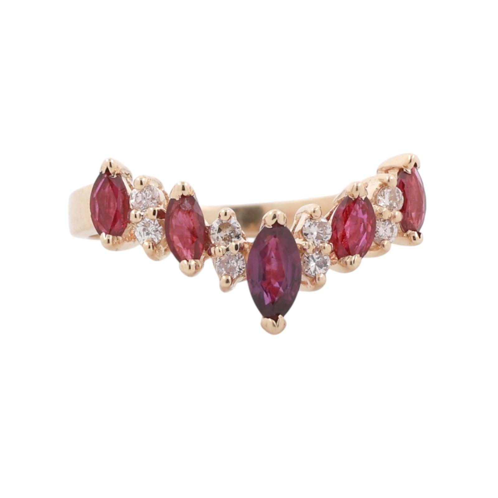 14K Gold Ruby Diamond Ring Marquise Cut Ruby Band 0.69CTW Estate Size 7.5