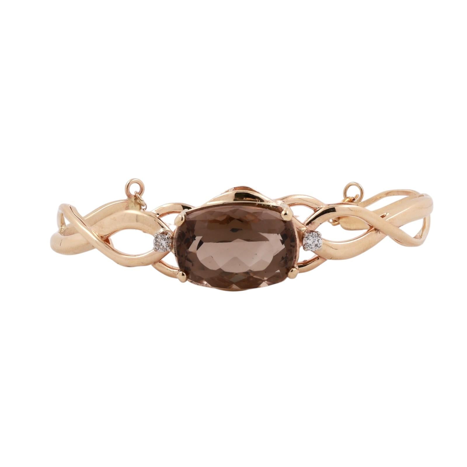 14K Yellow Gold Smoky Quartz Diamond Cuff Bracelet 11.50CT Antique Cushion 6"