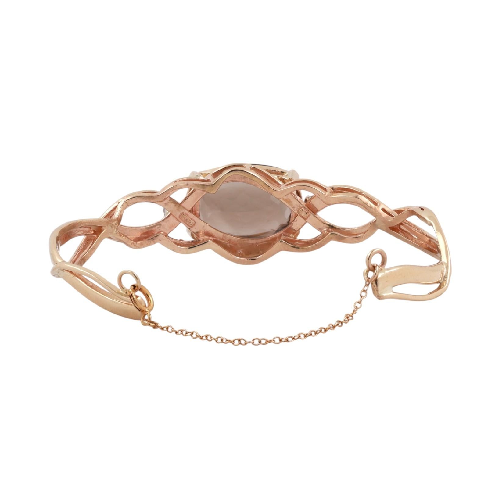 14K Yellow Gold Smoky Quartz Diamond Cuff Bracelet 11.50CT Antique Cushion 6"