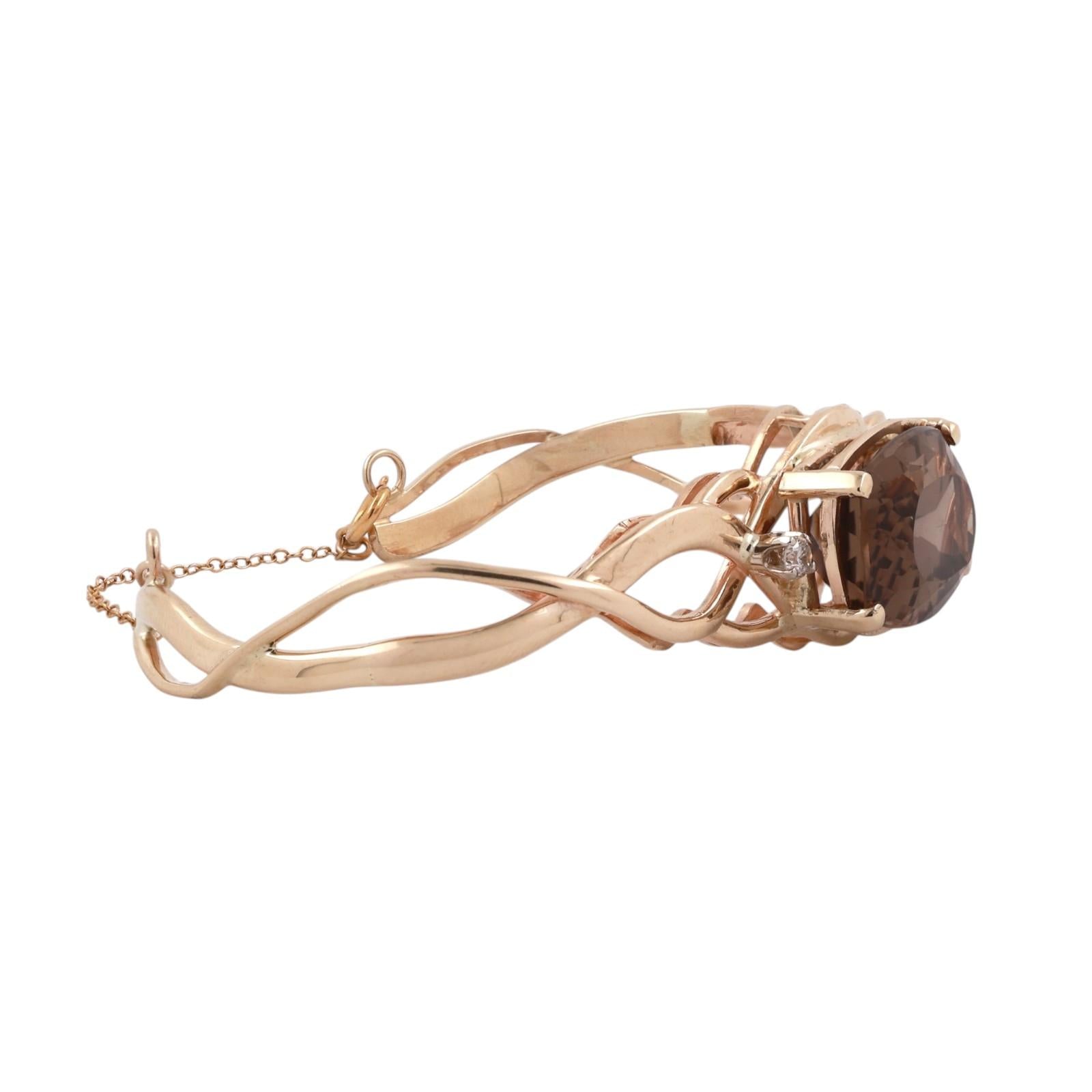 14K Yellow Gold Smoky Quartz Diamond Cuff Bracelet 11.50CT Antique Cushion 6"