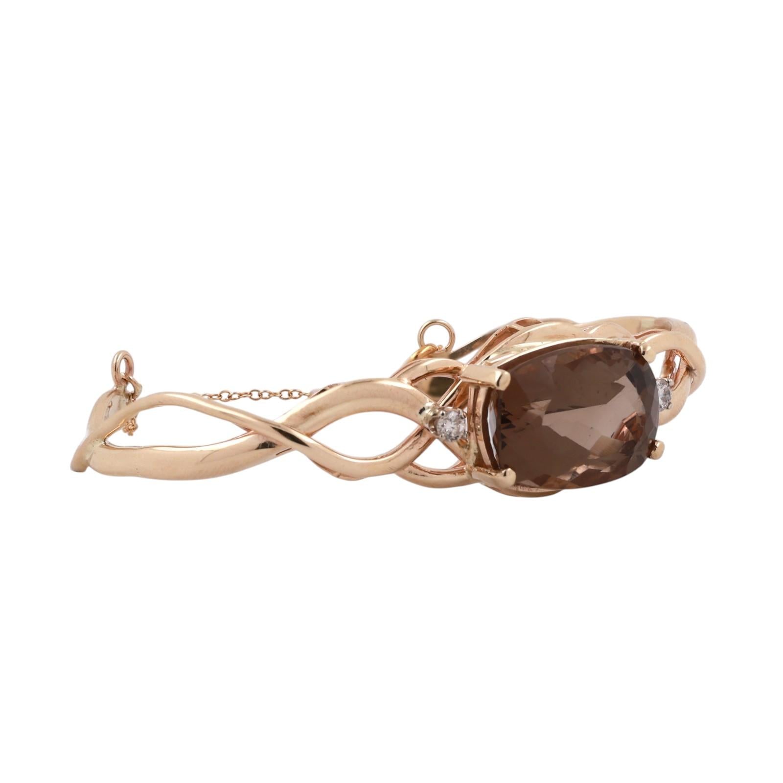 14K Yellow Gold Smoky Quartz Diamond Cuff Bracelet 11.50CT Antique Cushion 6"