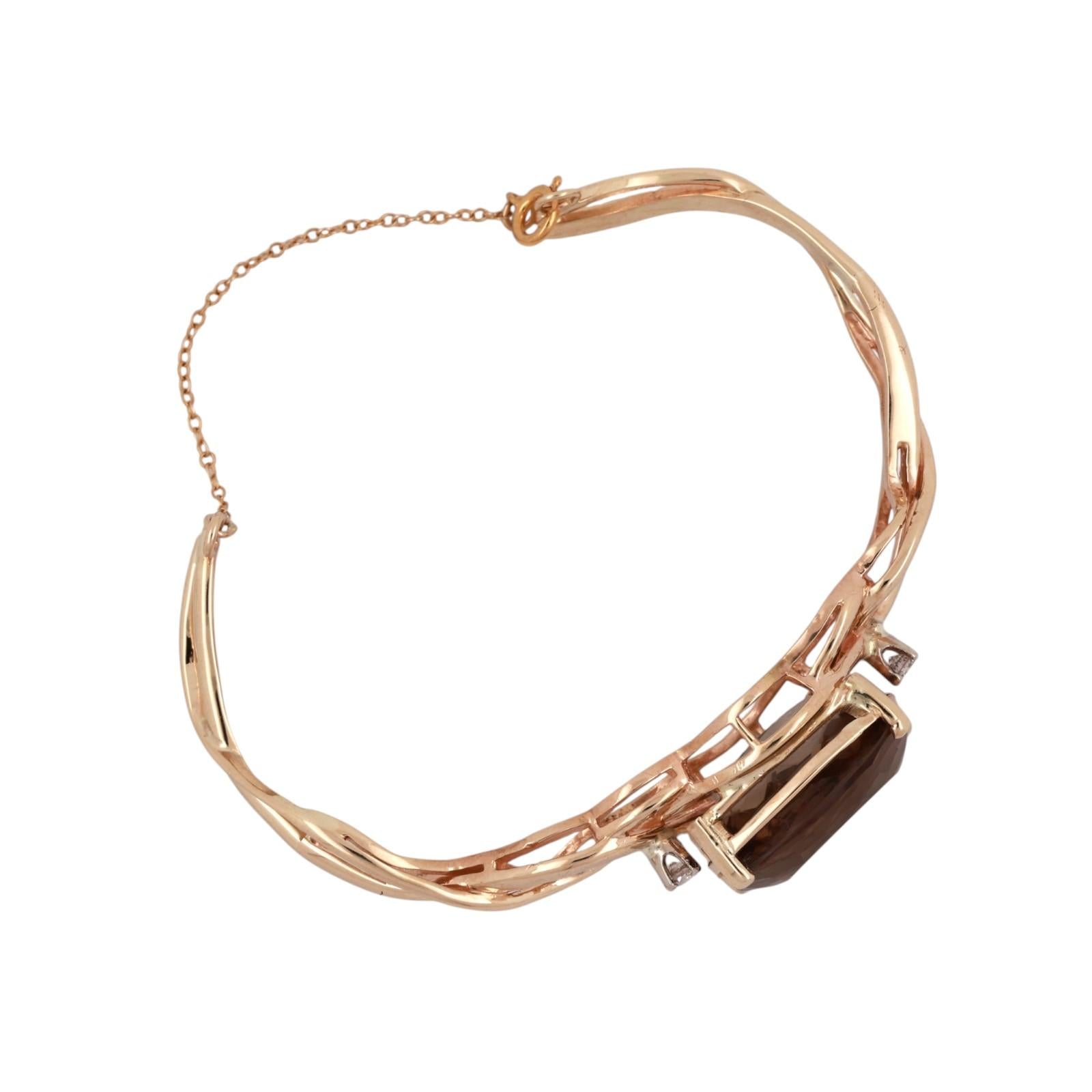 14K Yellow Gold Smoky Quartz Diamond Cuff Bracelet 11.50CT Antique Cushion 6"