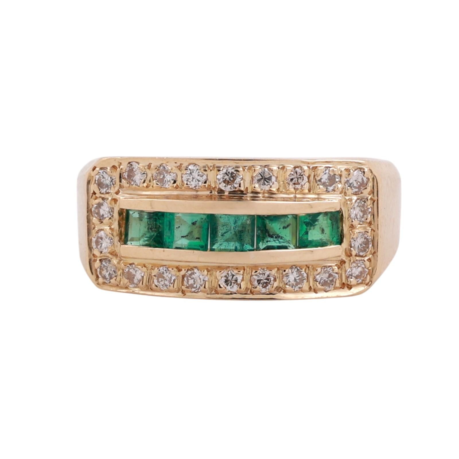 Estate 14K Gold Square Cut Emerald Round Diamond Wide Band Cocktail Ring Size 5