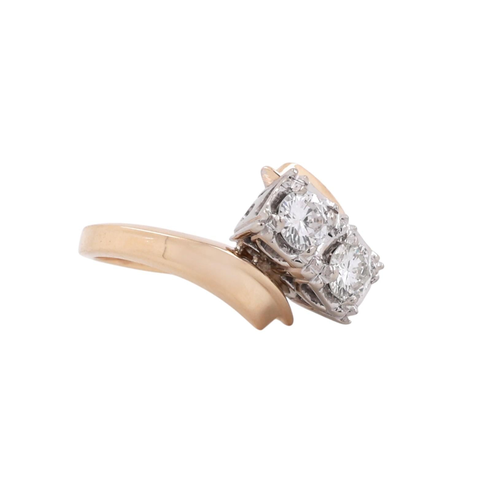 Two Tone Gold 2 Stone Diamond Bypass Ring 0.60 CTW Vintage Estate Size 6