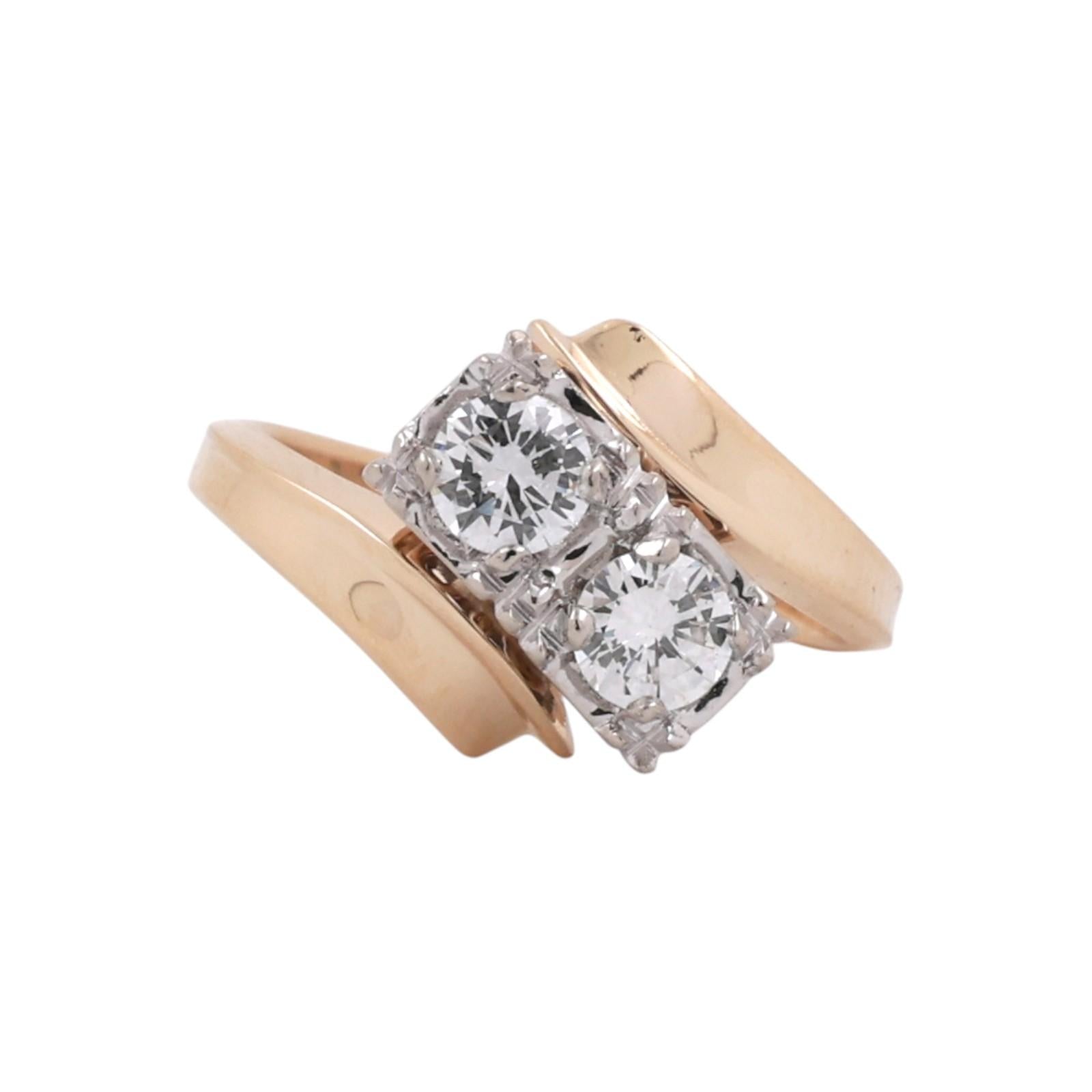 Two Tone Gold 2 Stone Diamond Bypass Ring 0.60 CTW Vintage Estate Size 6