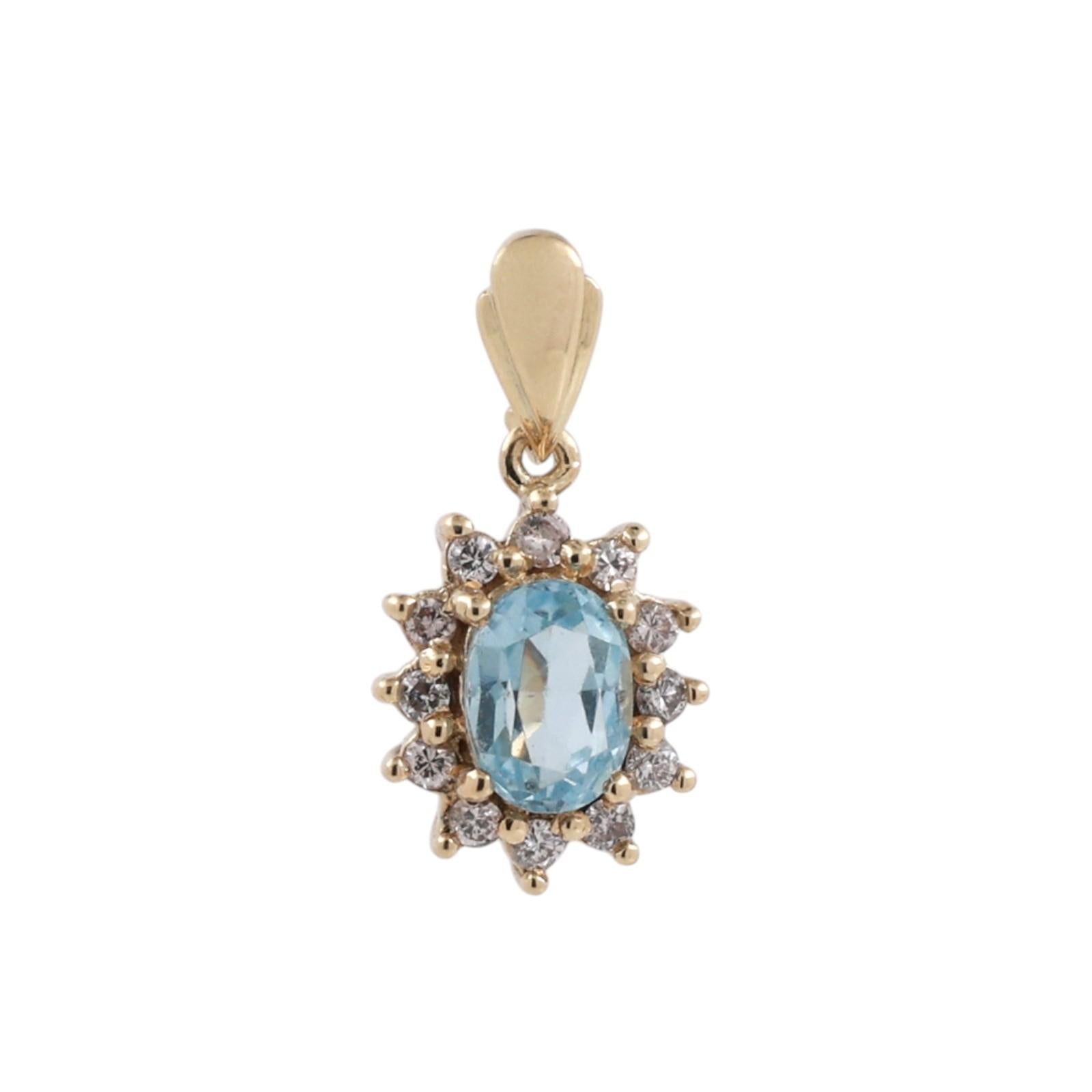 14K Yellow Gold 1CT Blue Topaz Diamond Halo Oval Pendant 1.25CTW