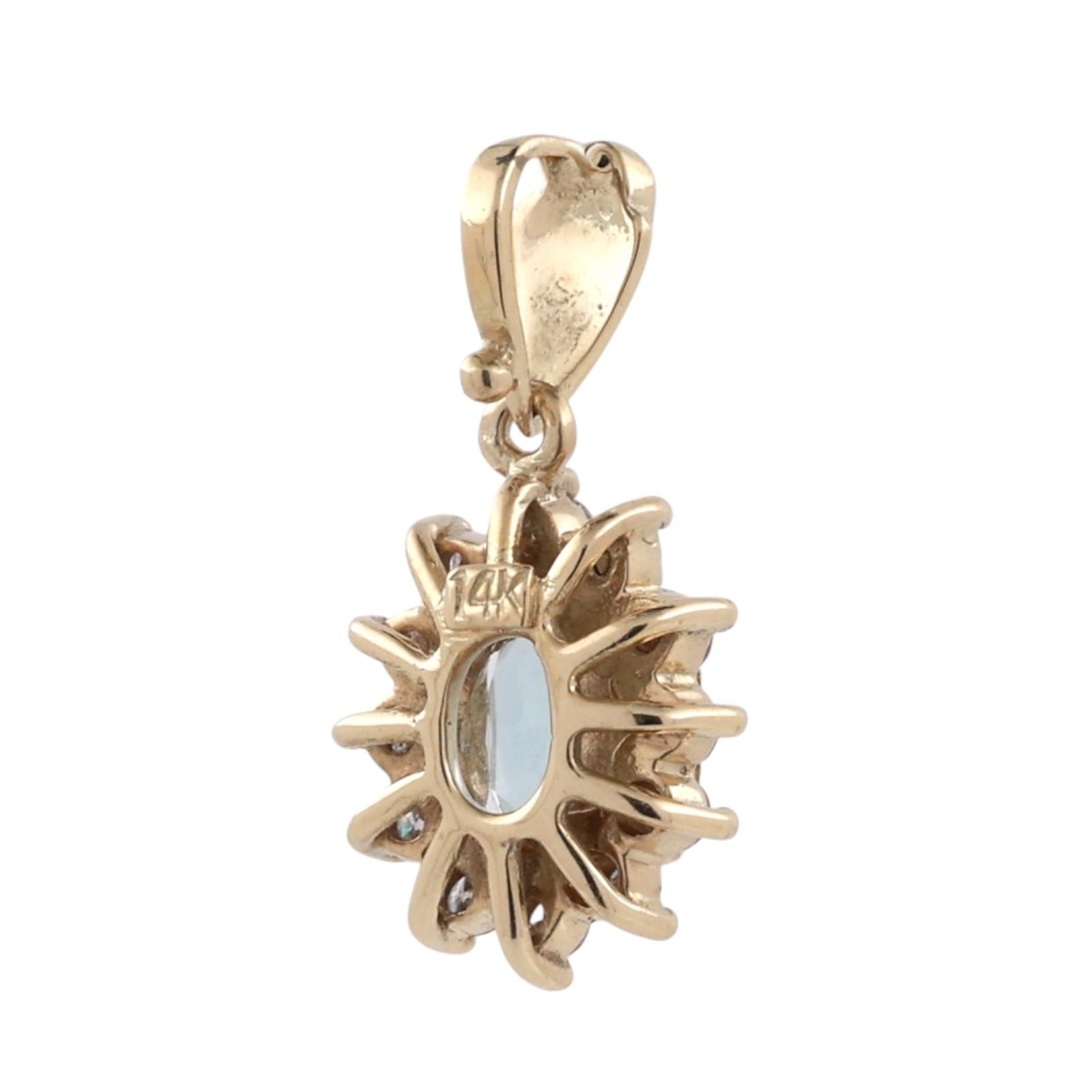 14K Yellow Gold 1CT Blue Topaz Diamond Halo Oval Pendant 1.25CTW