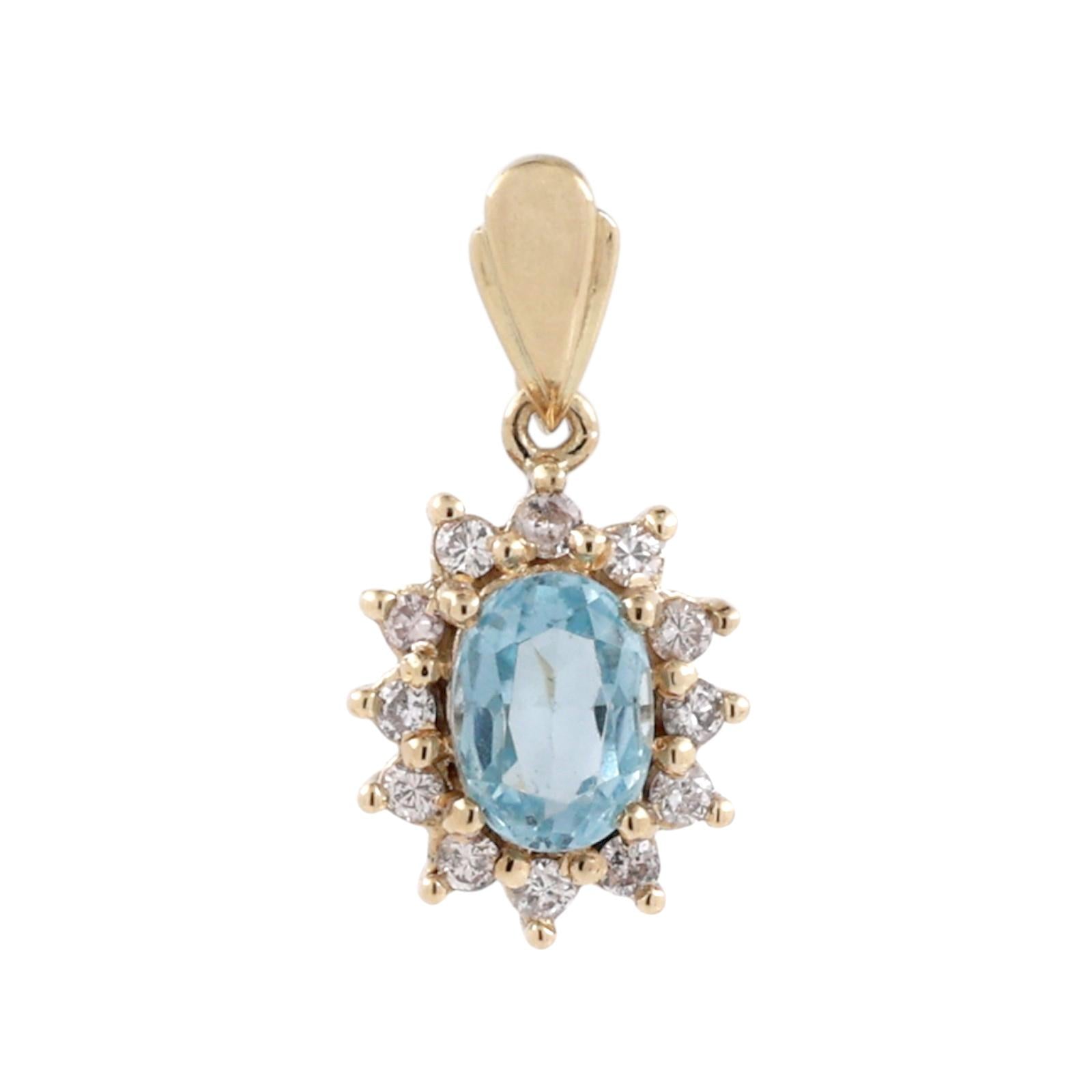 14K Yellow Gold 1CT Blue Topaz Diamond Halo Oval Pendant 1.25CTW