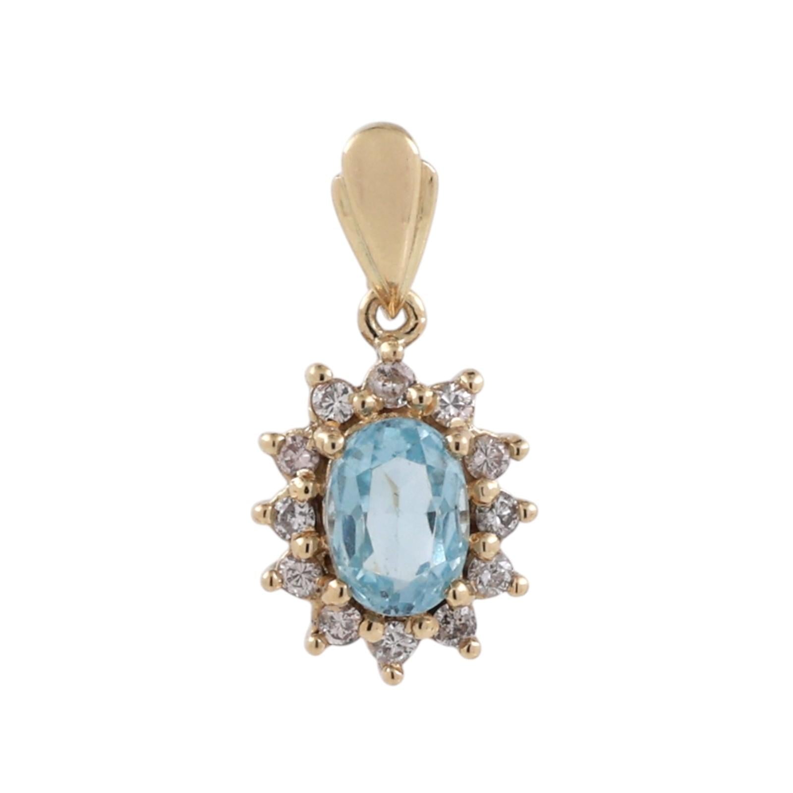 14K Yellow Gold 1CT Blue Topaz Diamond Halo Oval Pendant 1.25CTW