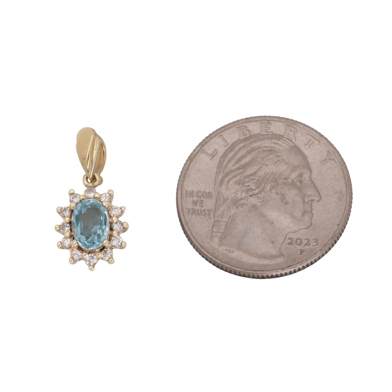 14K Yellow Gold 1CT Blue Topaz Diamond Halo Oval Pendant 1.25CTW