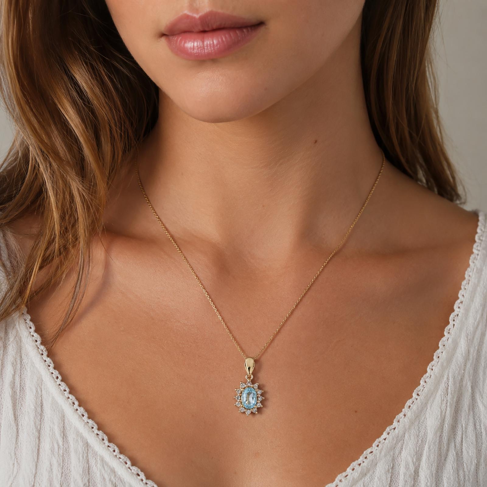14K Yellow Gold 1CT Blue Topaz Diamond Halo Oval Pendant 1.25CTW