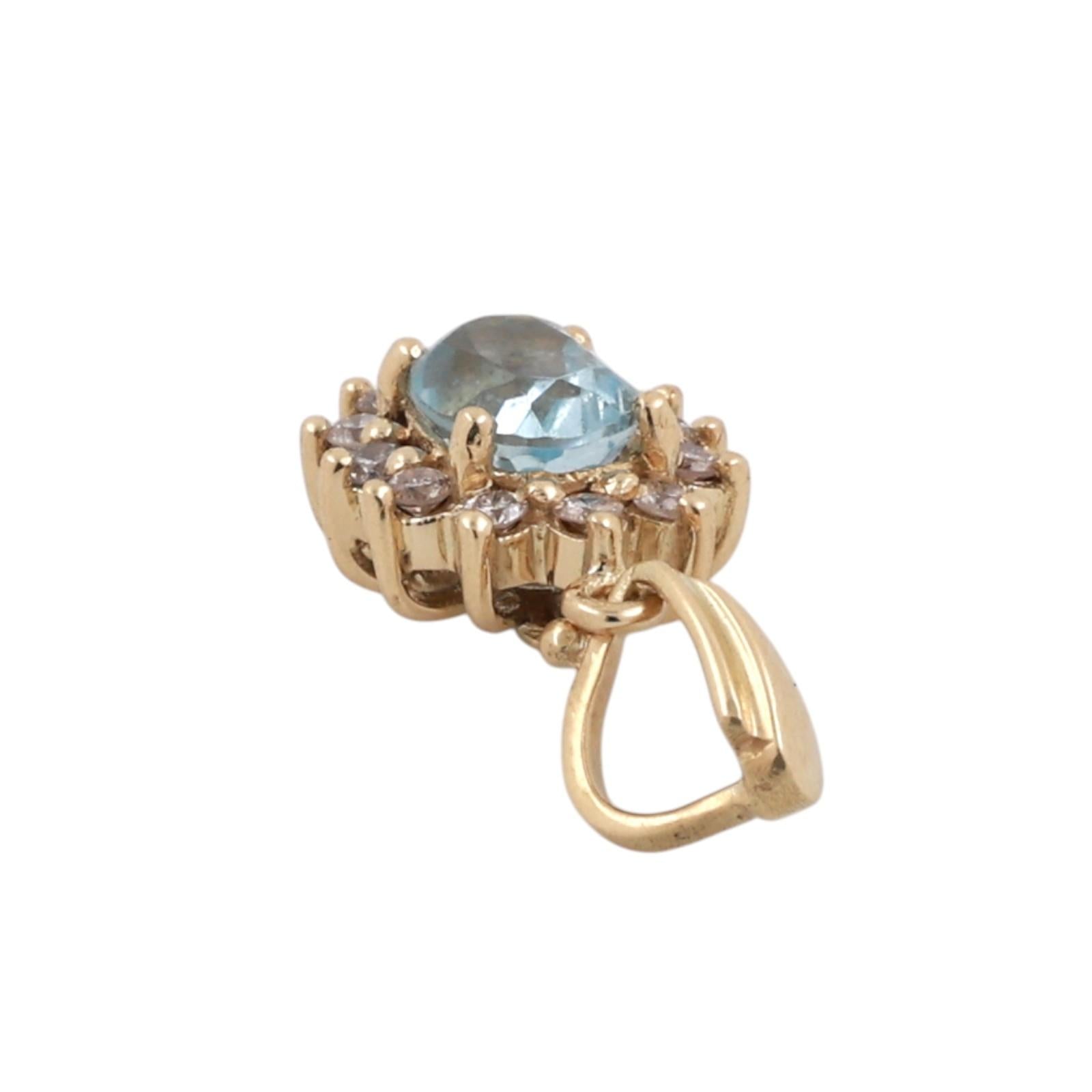 14K Yellow Gold 1CT Blue Topaz Diamond Halo Oval Pendant 1.25CTW