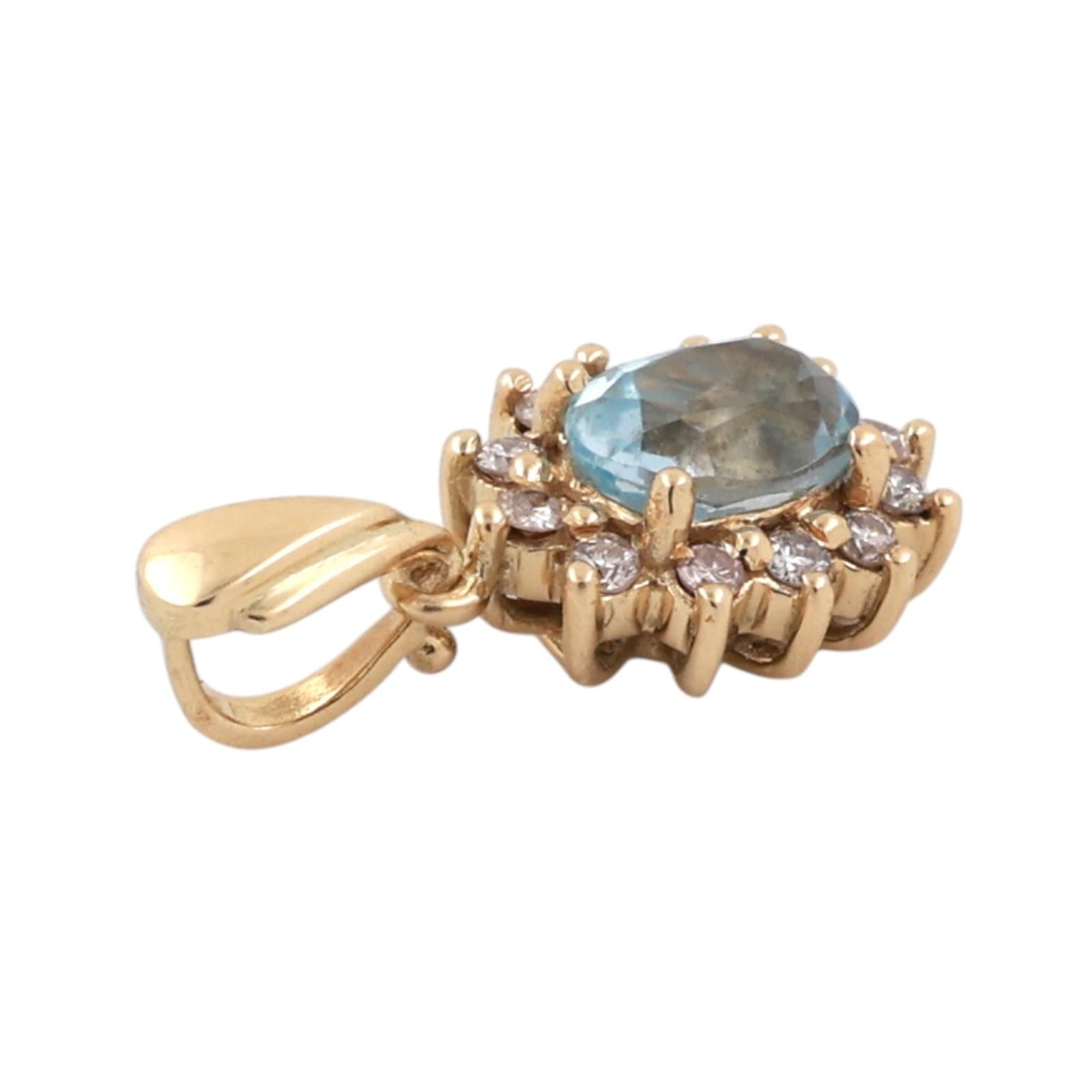14K Yellow Gold 1CT Blue Topaz Diamond Halo Oval Pendant 1.25CTW