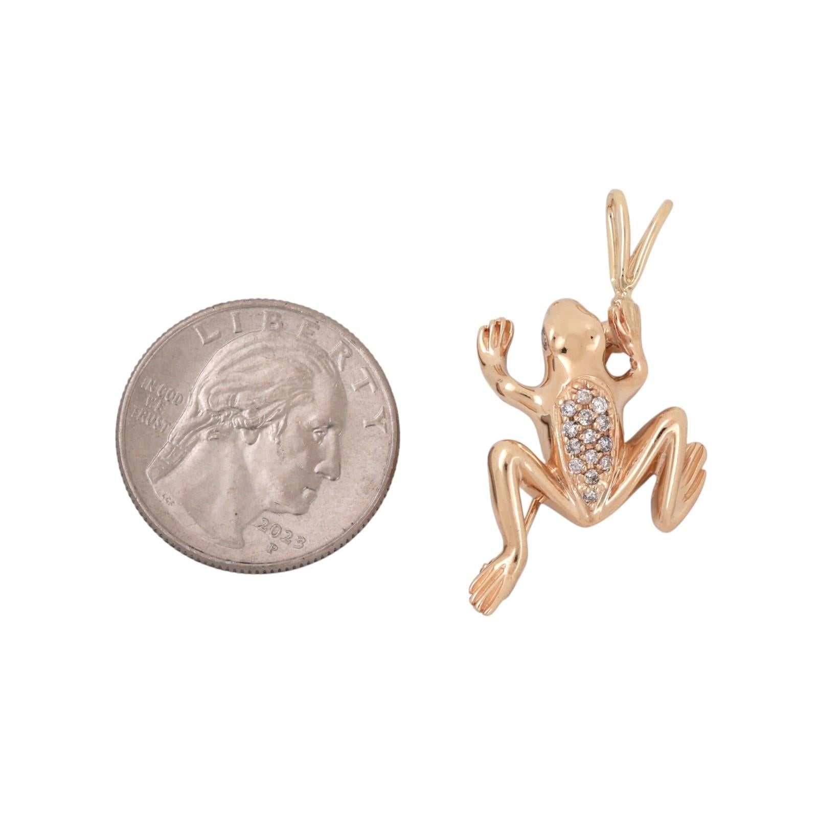 14K Yellow Gold Diamond Frog Pendant Charm 0.25 CTW Animal Vintage Style 1.55”