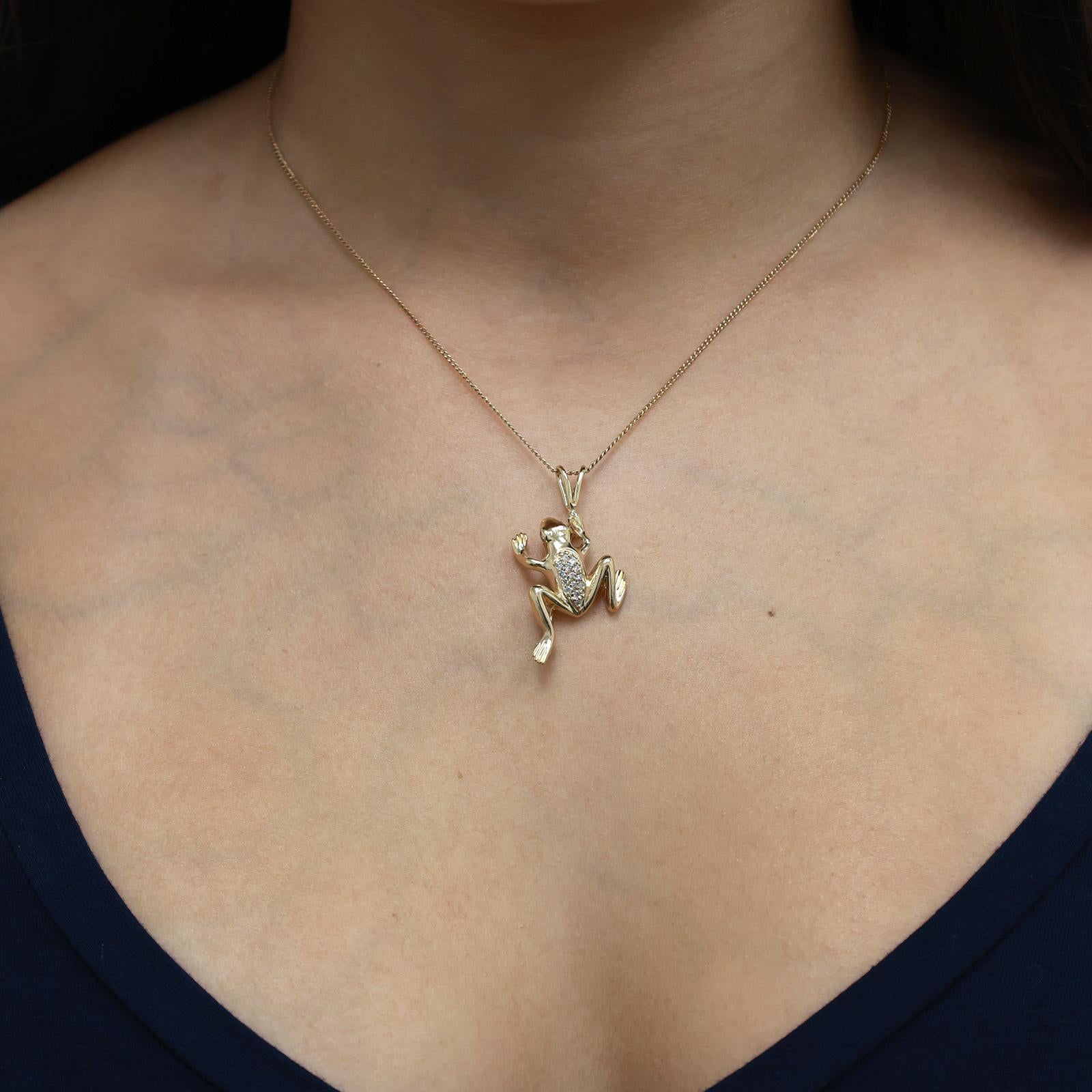 14K Yellow Gold Diamond Frog Pendant Charm 0.25 CTW Animal Vintage Style 1.55”