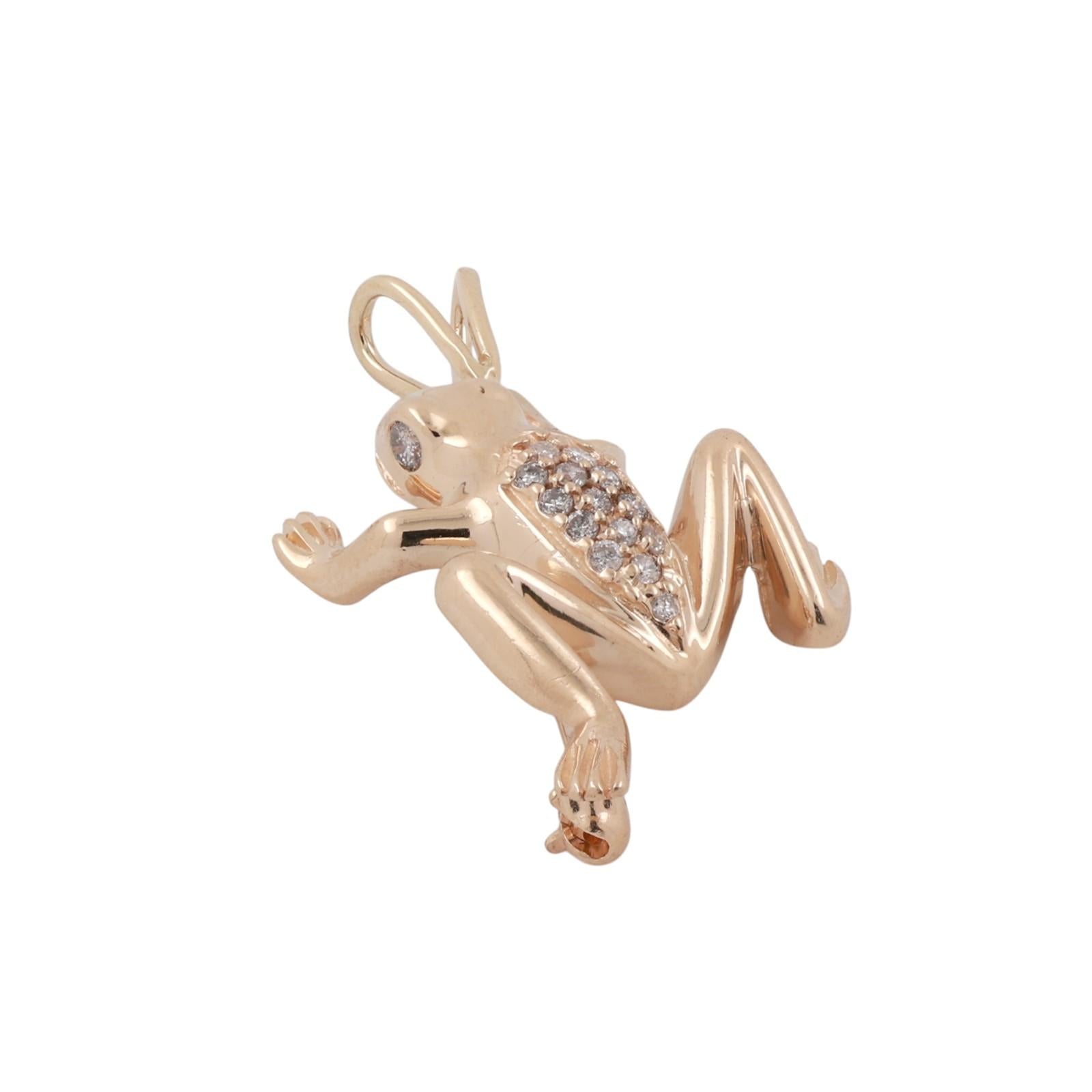 14K Yellow Gold Diamond Frog Pendant Charm 0.25 CTW Animal Vintage Style 1.55”