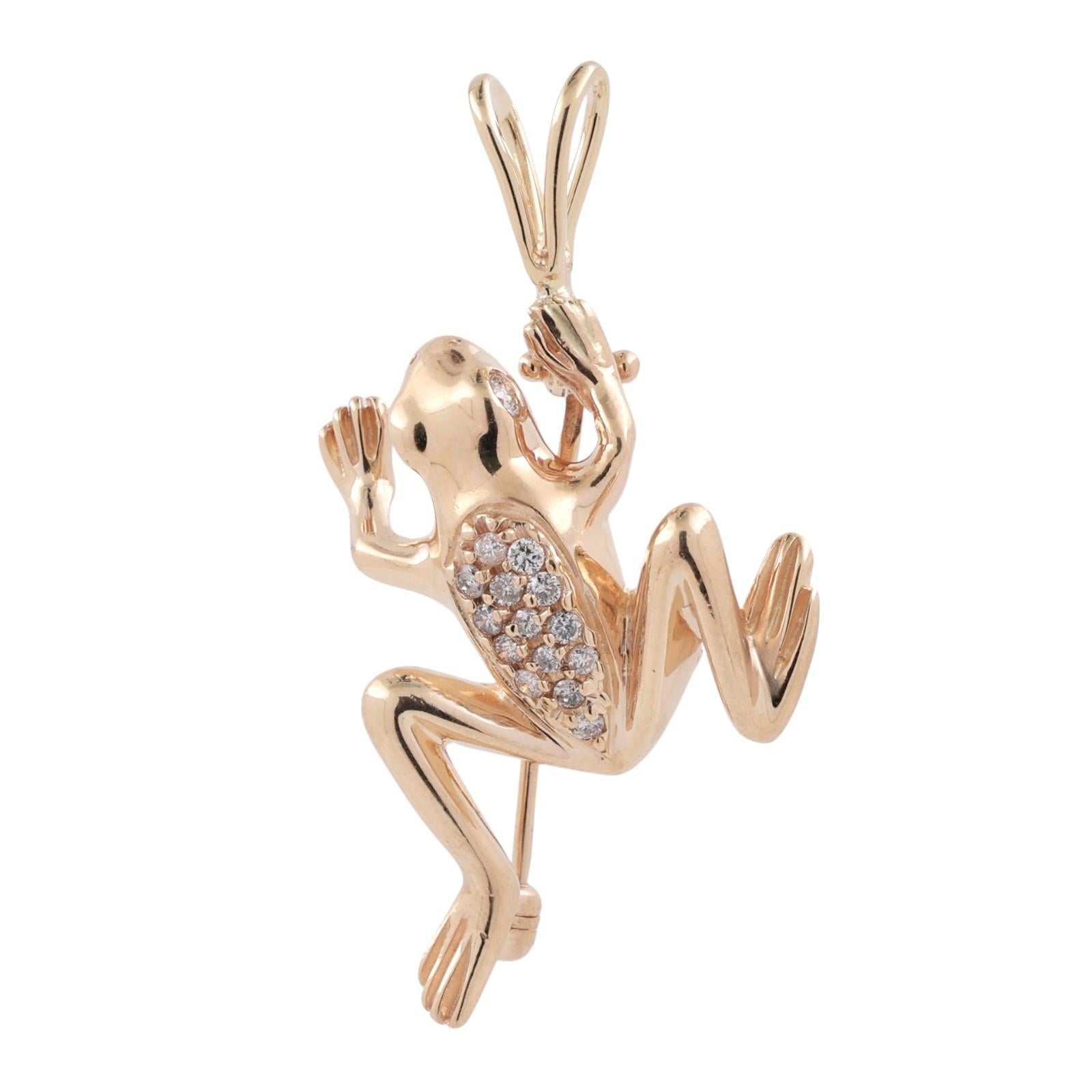 14K Yellow Gold Diamond Frog Pendant Charm 0.25 CTW Animal Vintage Style 1.55”