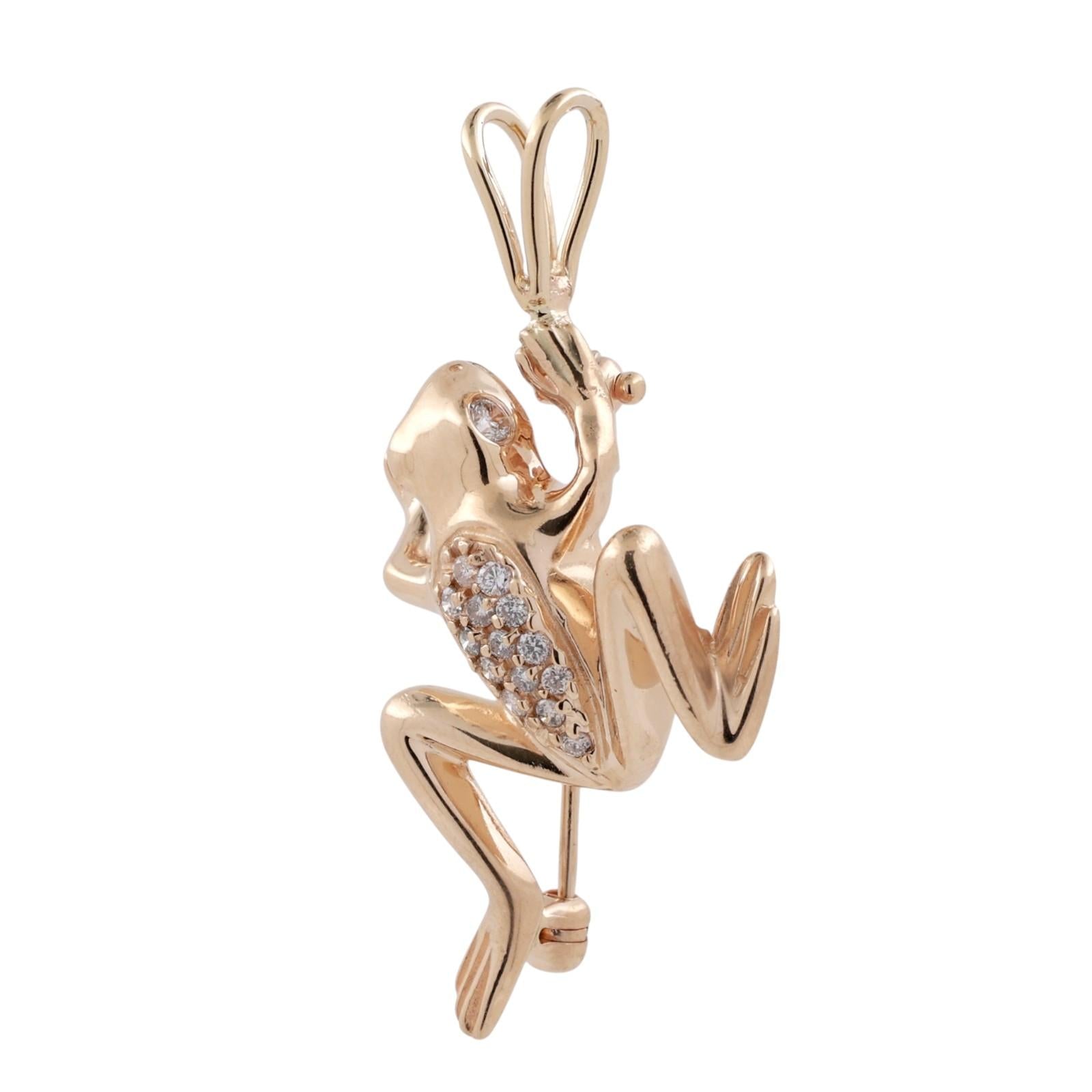 14K Yellow Gold Diamond Frog Pendant Charm 0.25 CTW Animal Vintage Style 1.55”