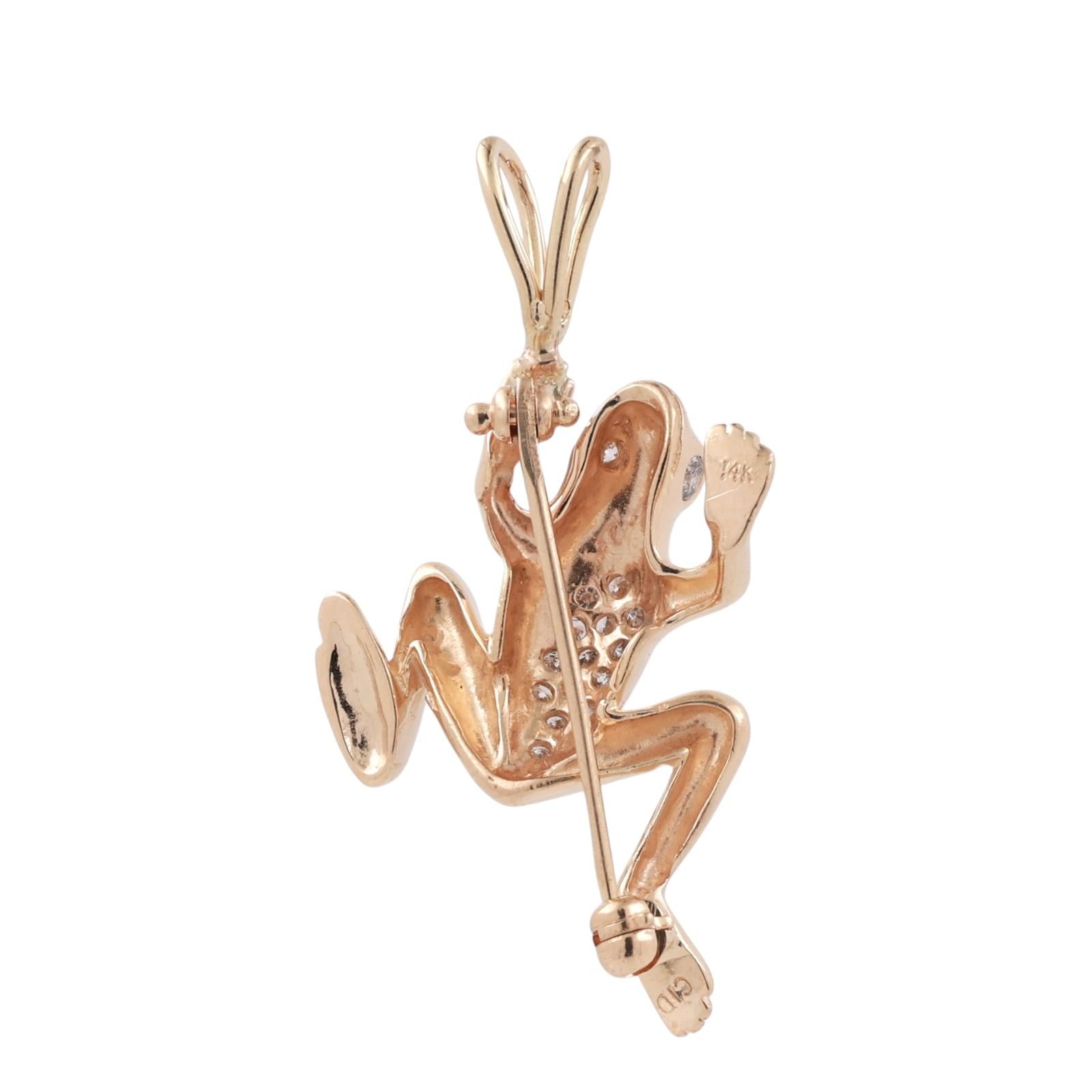 14K Yellow Gold Diamond Frog Pendant Charm 0.25 CTW Animal Vintage Style 1.55”