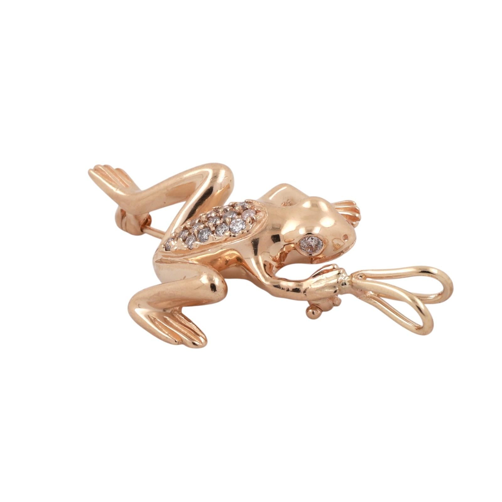 14K Yellow Gold Diamond Frog Pendant Charm 0.25 CTW Animal Vintage Style 1.55”