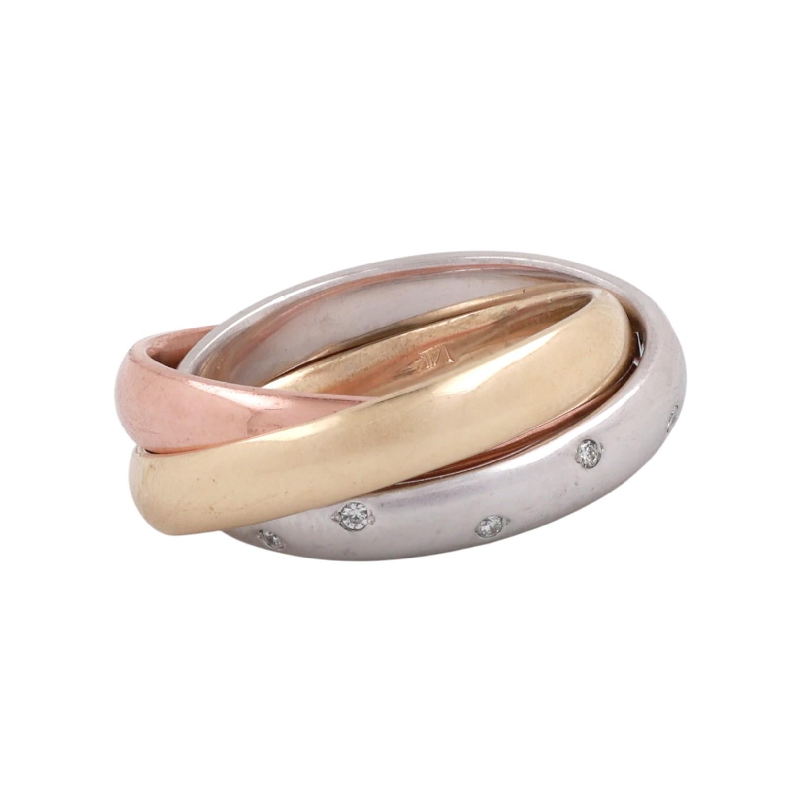 14K Tri Color Gold Diamond Rolling Trinity Ring Size 8.25 Wide Designer Style