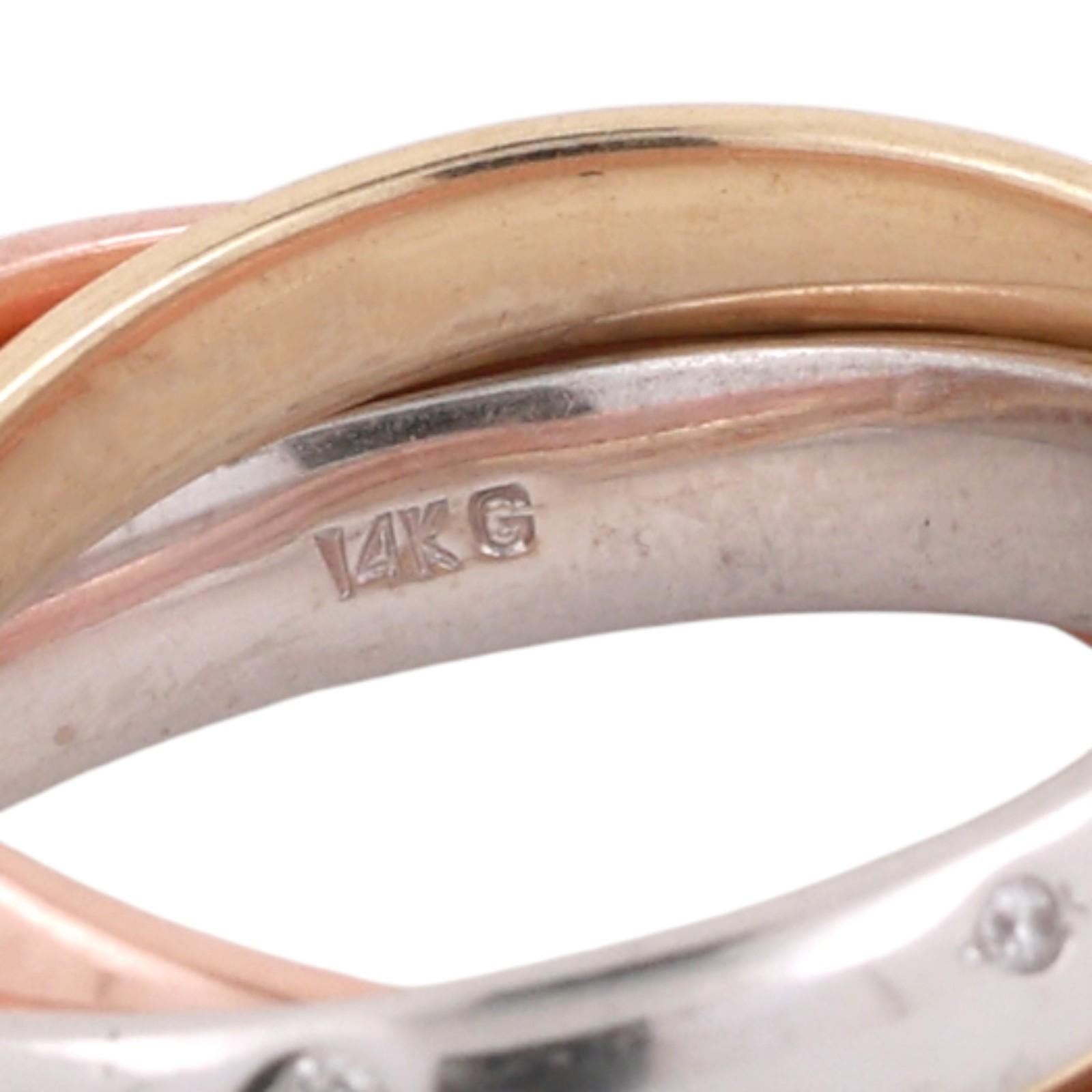 14K Tri Color Gold Diamond Rolling Trinity Ring Size 8.25 Wide Designer Style