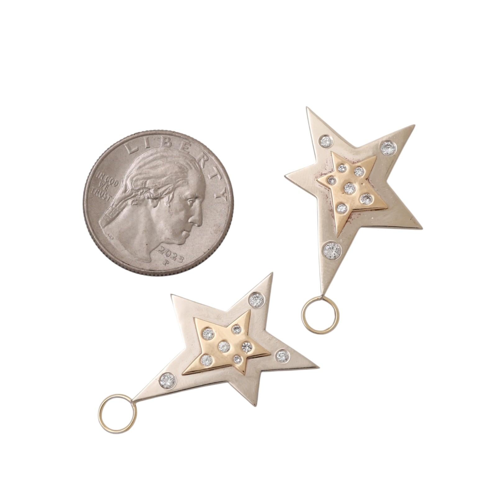 14K Two Tone Gold Diamond Star Dangle Charms 0.40 CTW Estate Drops NO HOOPS