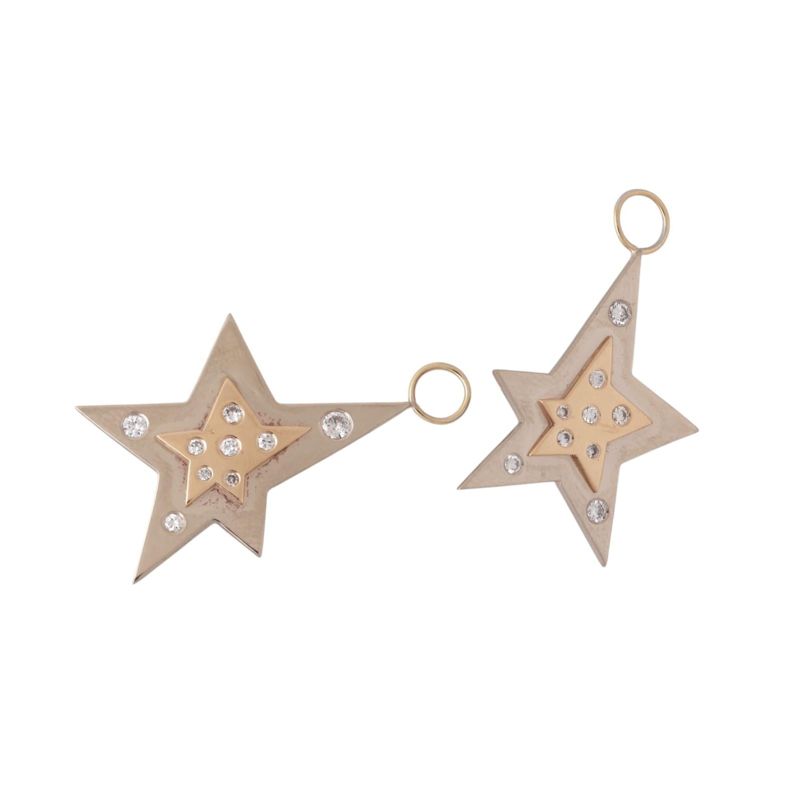 14K Two Tone Gold Diamond Star Dangle Charms 0.40 CTW Estate Drops NO HOOPS