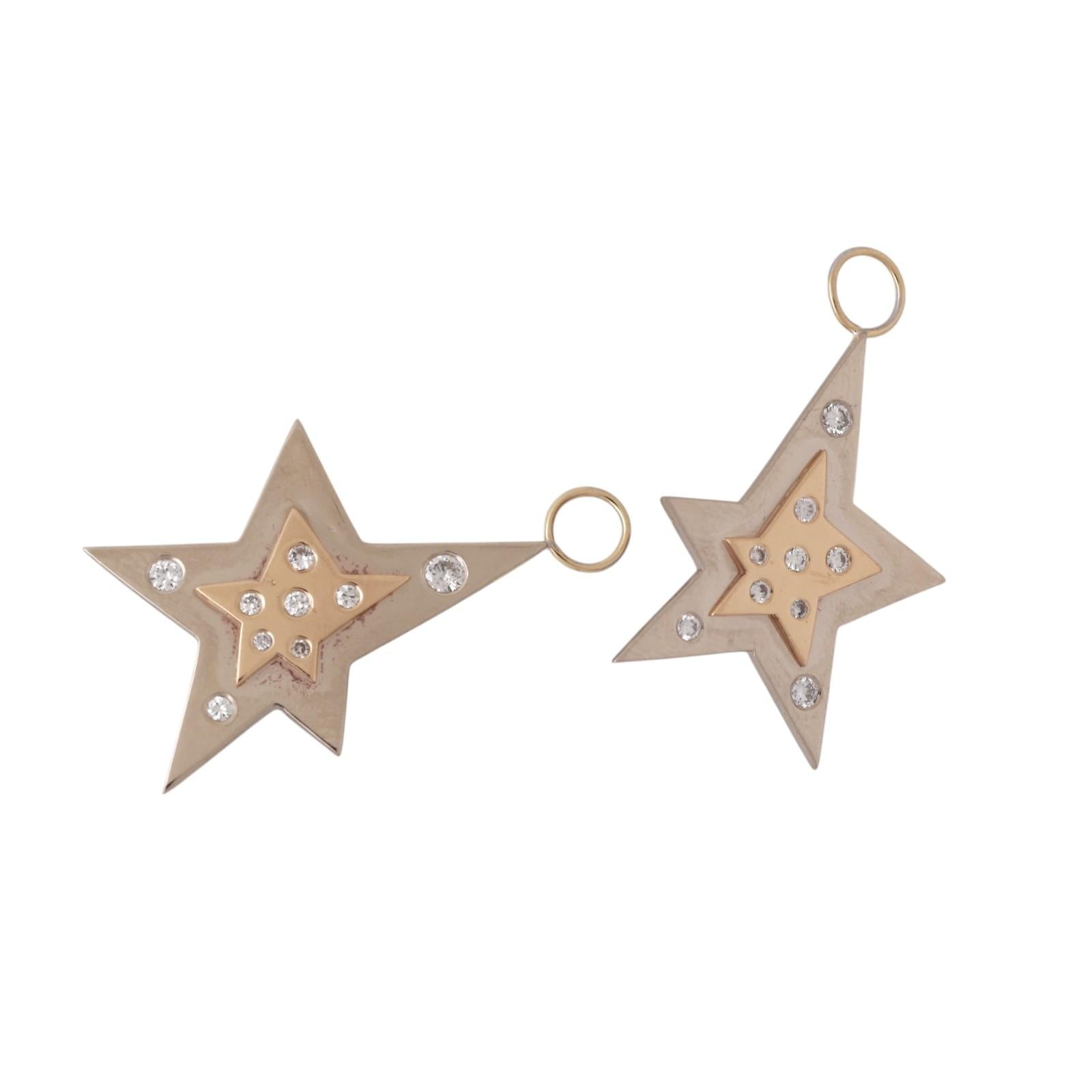 14K Two Tone Gold Diamond Star Dangle Charms 0.40 CTW Estate Drops NO HOOPS