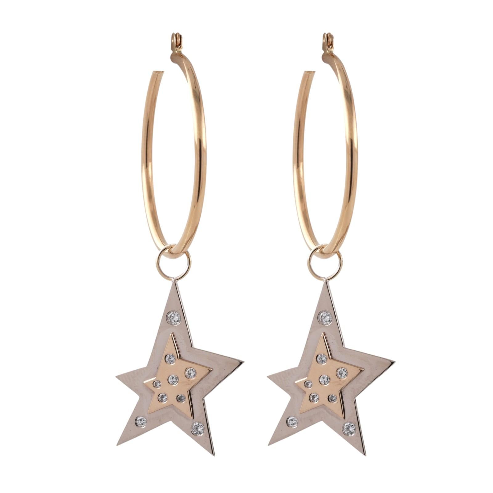 14K Two Tone Gold Diamond Star Dangle Charms 0.40 CTW Estate Drops NO HOOPS
