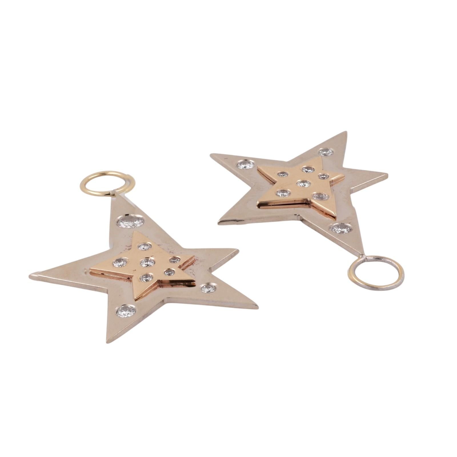 14K Two Tone Gold Diamond Star Dangle Charms 0.40 CTW Estate Drops NO HOOPS