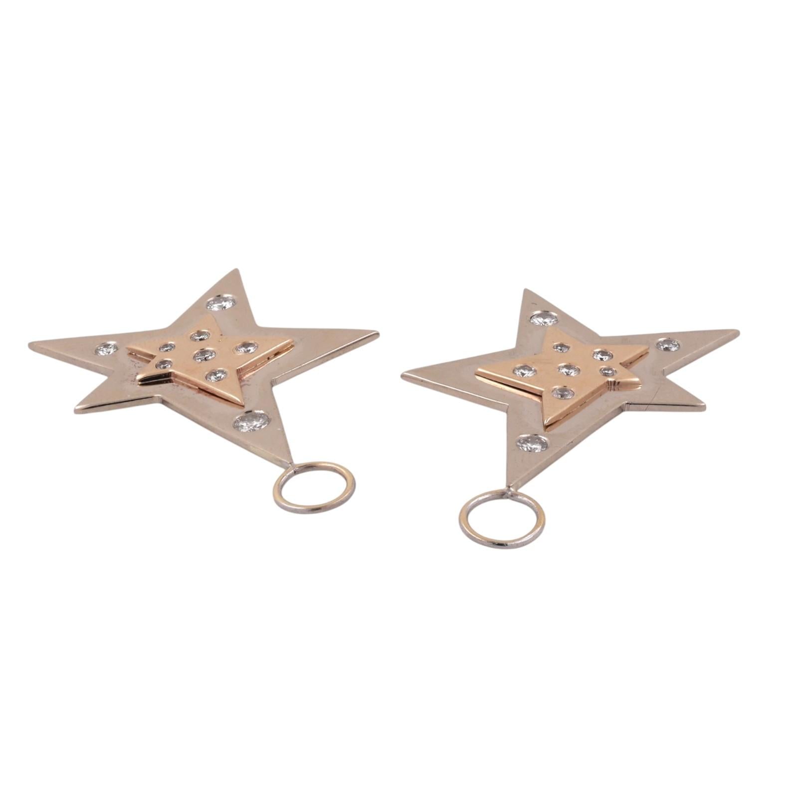 14K Two Tone Gold Diamond Star Dangle Charms 0.40 CTW Estate Drops NO HOOPS