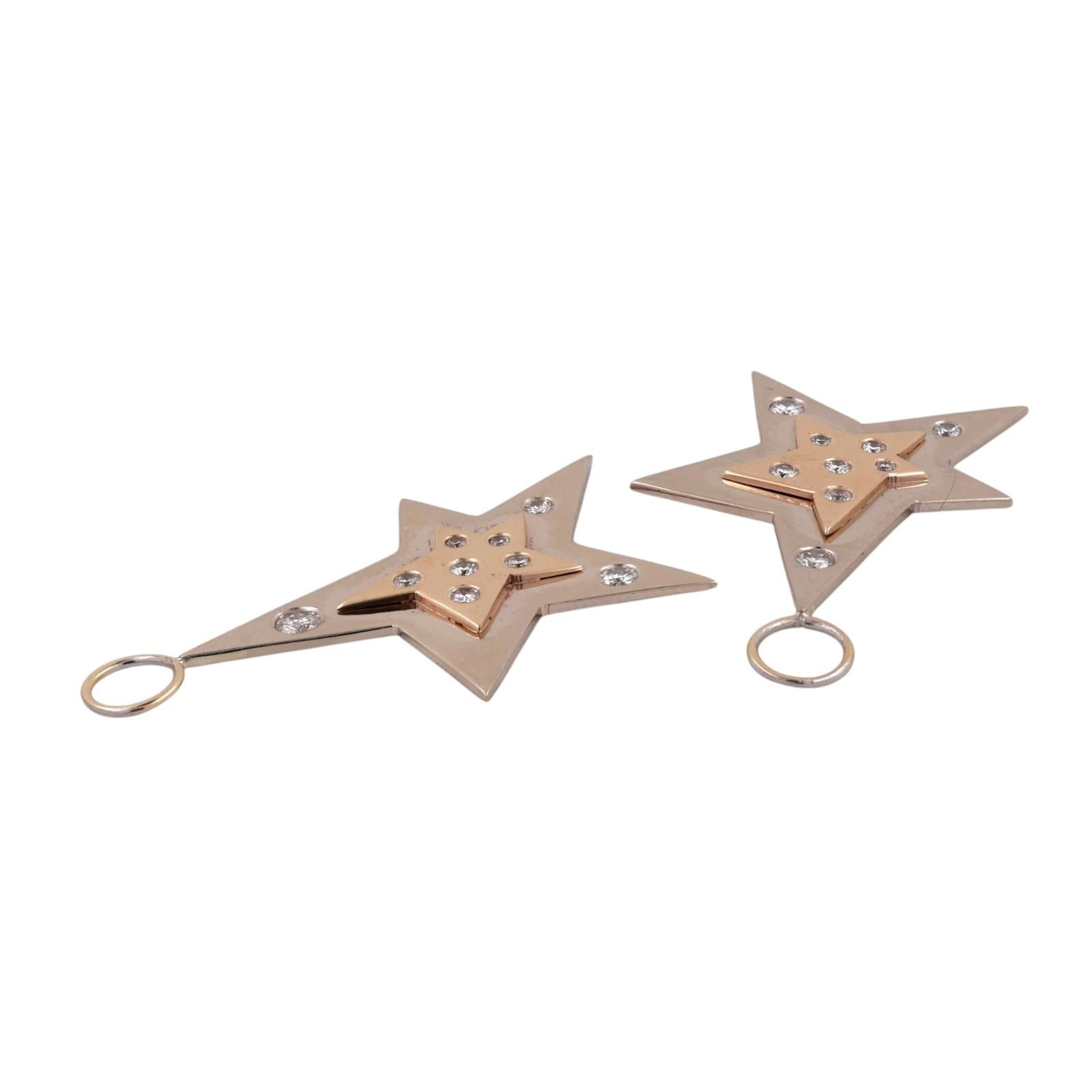 14K Two Tone Gold Diamond Star Dangle Charms 0.40 CTW Estate Drops NO HOOPS
