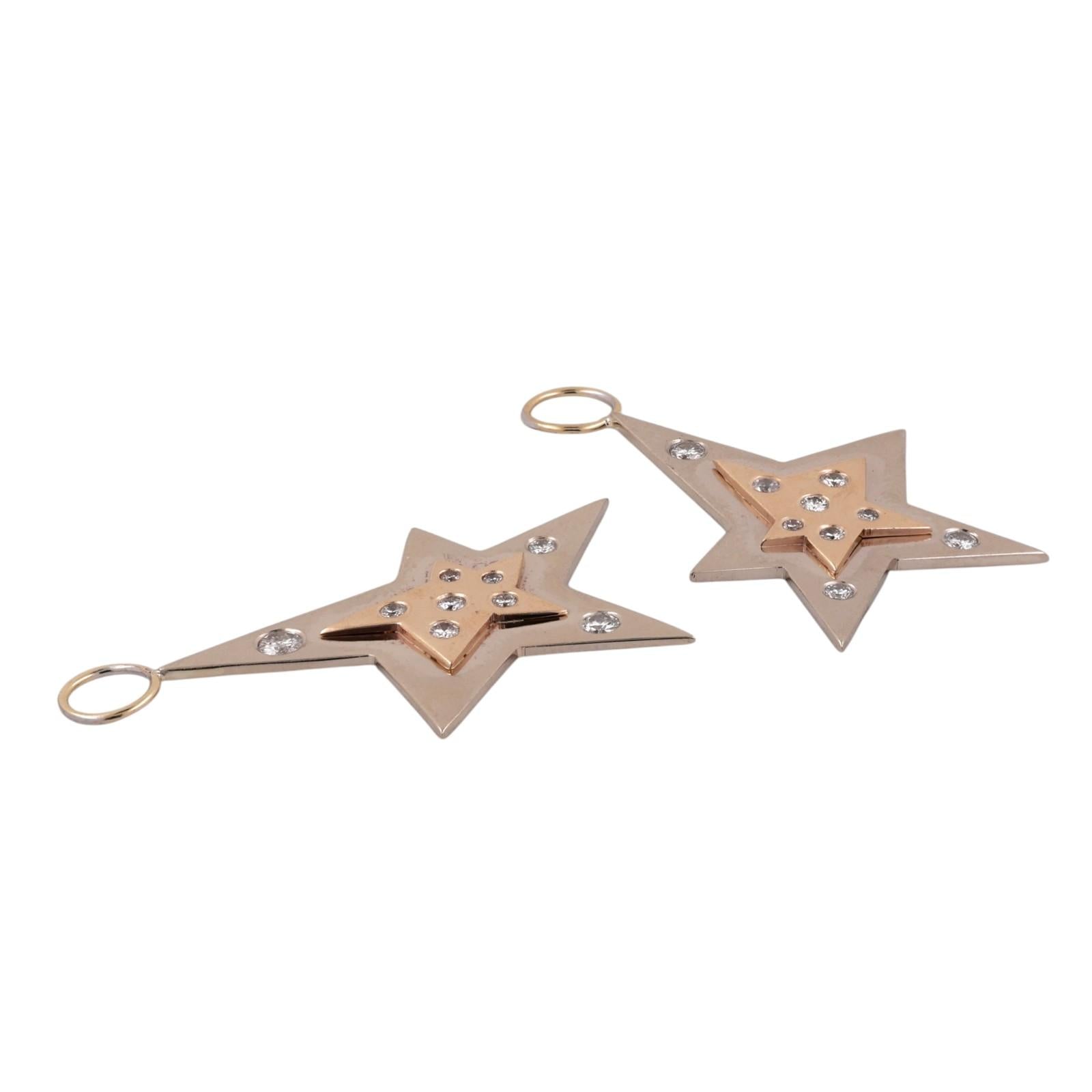 14K Two Tone Gold Diamond Star Dangle Charms 0.40 CTW Estate Drops NO HOOPS