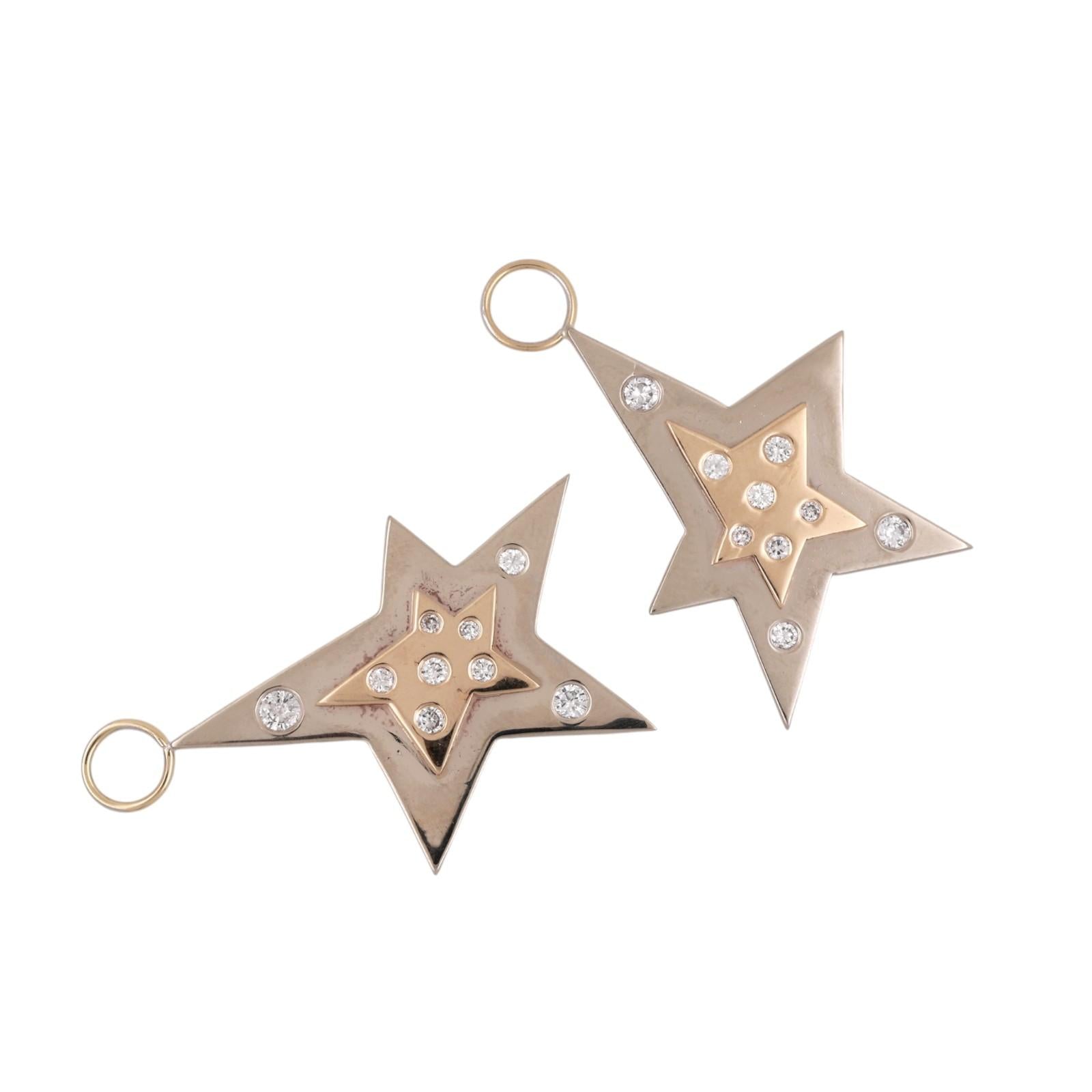 14K Two Tone Gold Diamond Star Dangle Charms 0.40 CTW Estate Drops NO HOOPS