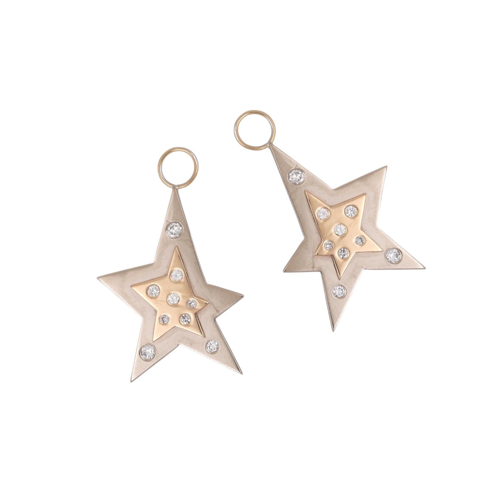 14K Two Tone Gold Diamond Star Dangle Charms 0.40 CTW Estate Drops NO HOOPS