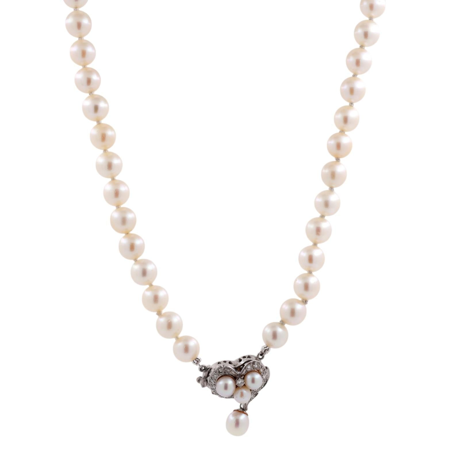 Cultured Akoya Pearl Necklace 14K White Gold Diamond Heart Clasp 7mm 0.33CTW