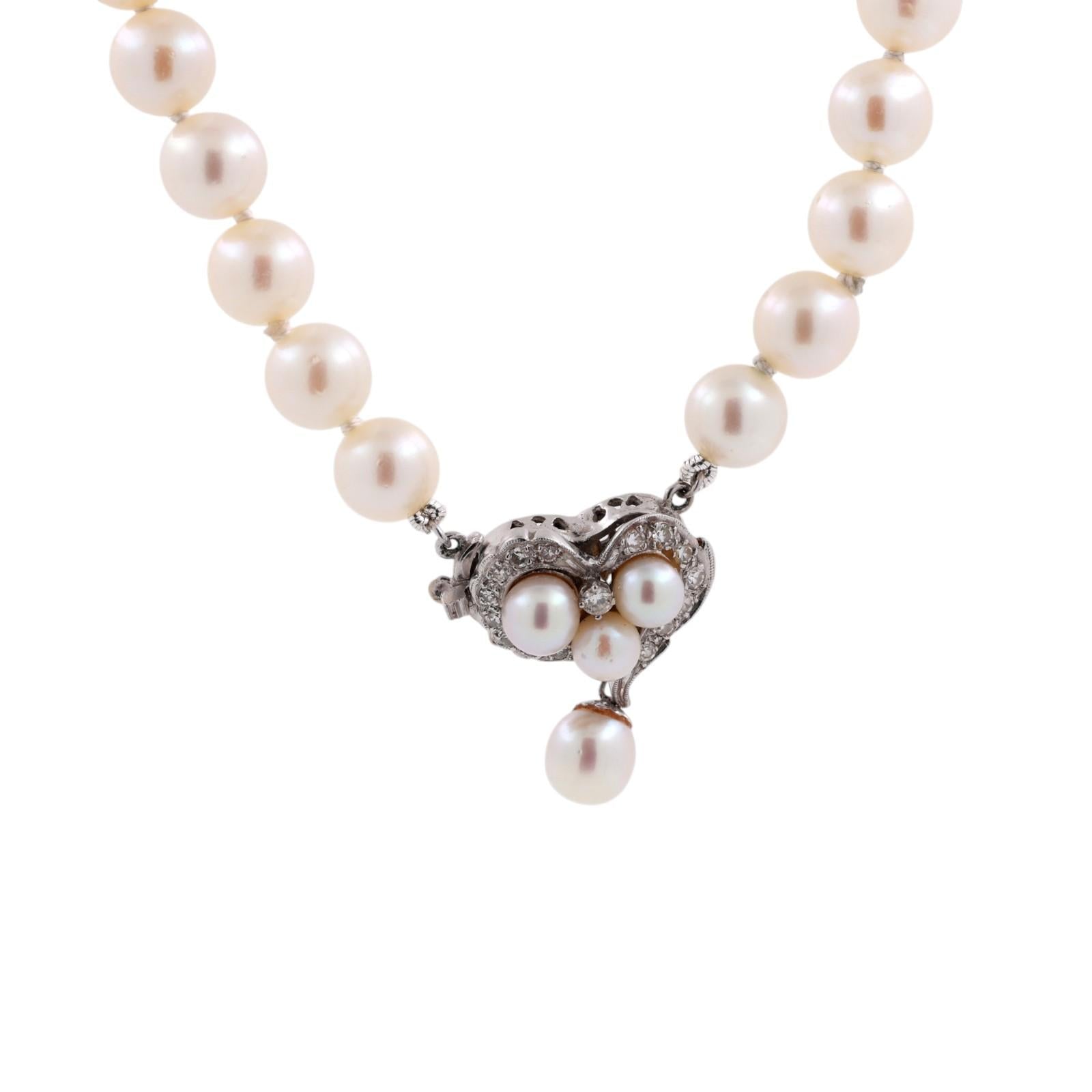 Cultured Akoya Pearl Necklace 14K White Gold Diamond Heart Clasp 7mm 0.33CTW