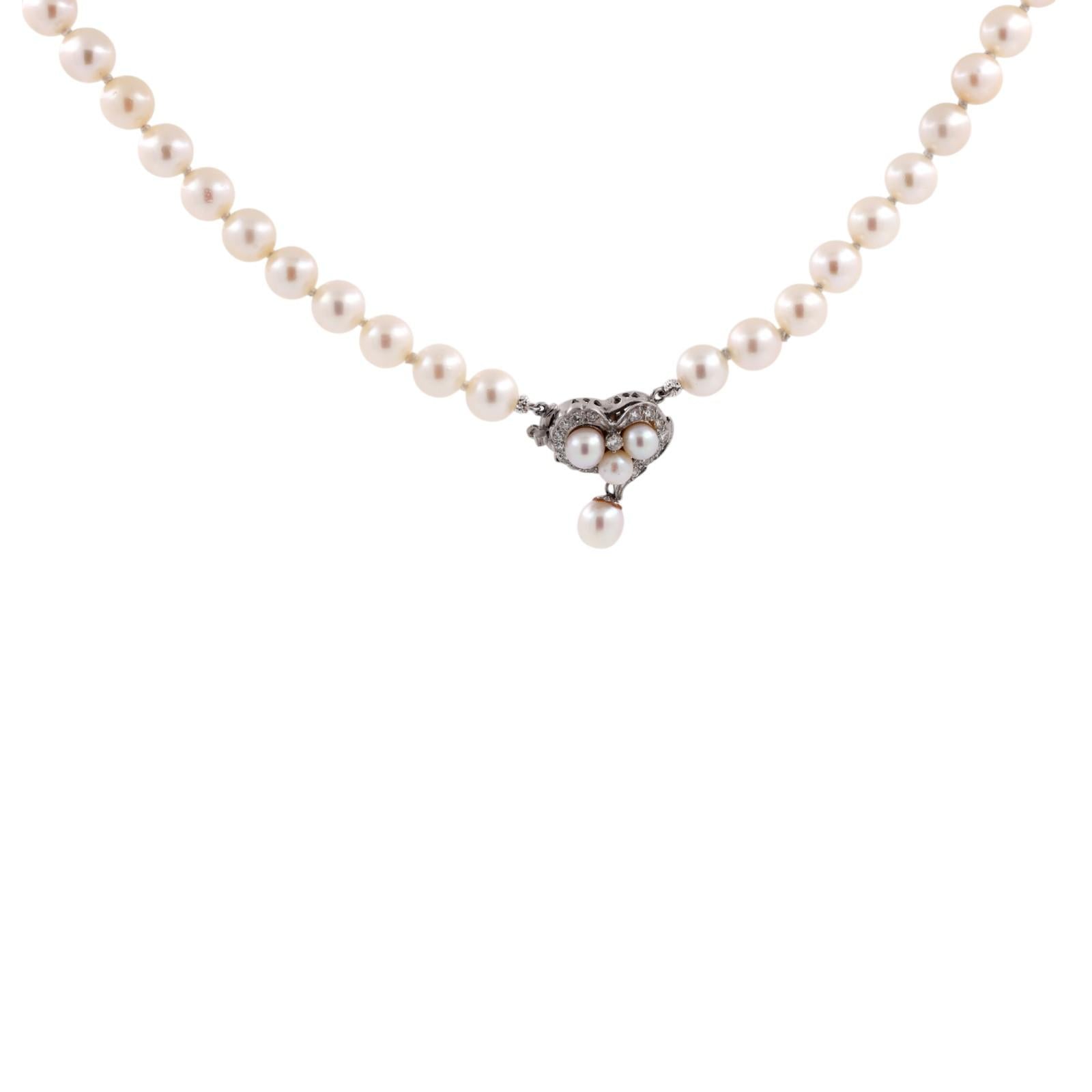 Cultured Akoya Pearl Necklace 14K White Gold Diamond Heart Clasp 7mm 0.33CTW