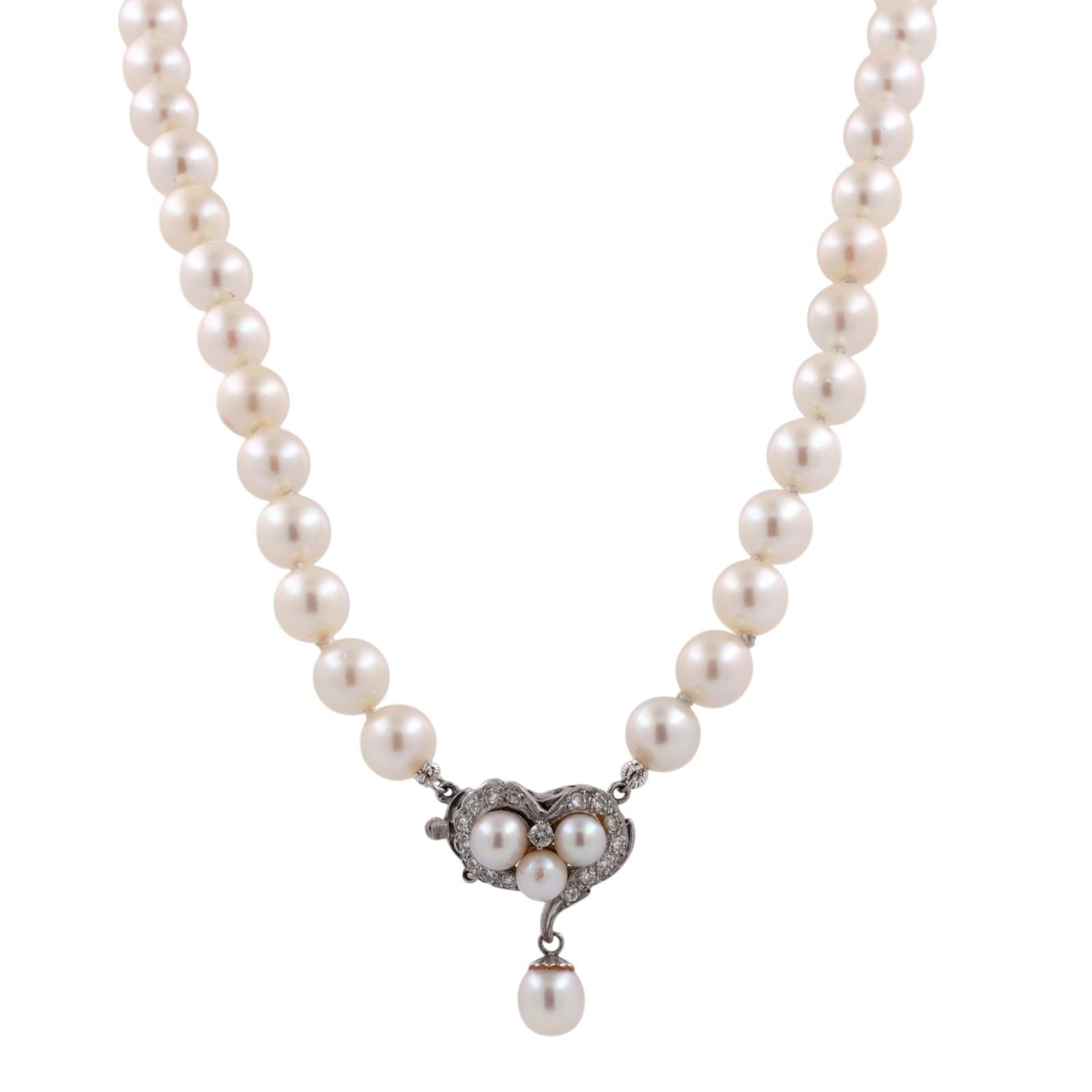 Cultured Akoya Pearl Necklace 14K White Gold Diamond Heart Clasp 7mm 0.33CTW